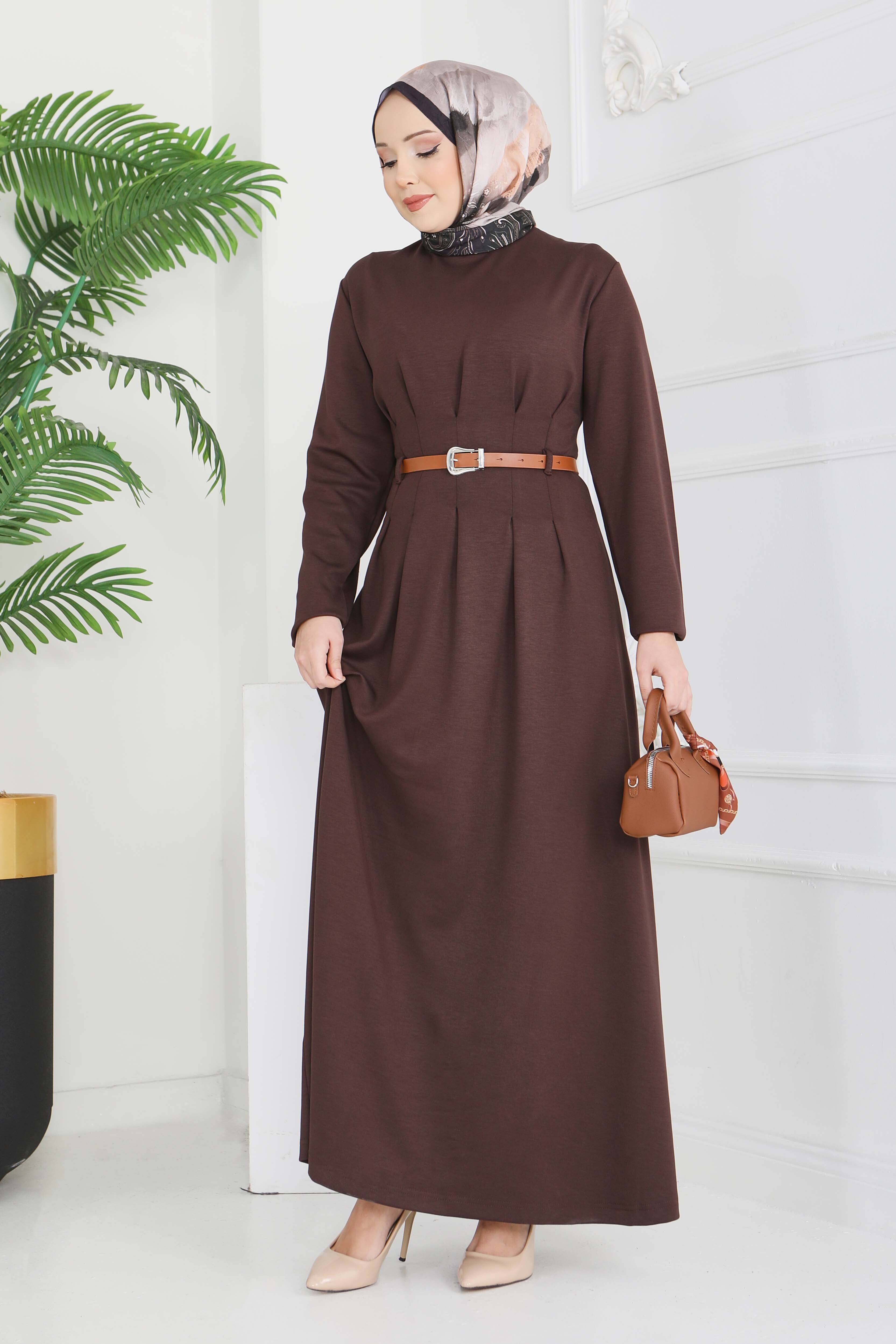 Kemerli Pile Detaylı Elbise - 28228-KAHVE - 2