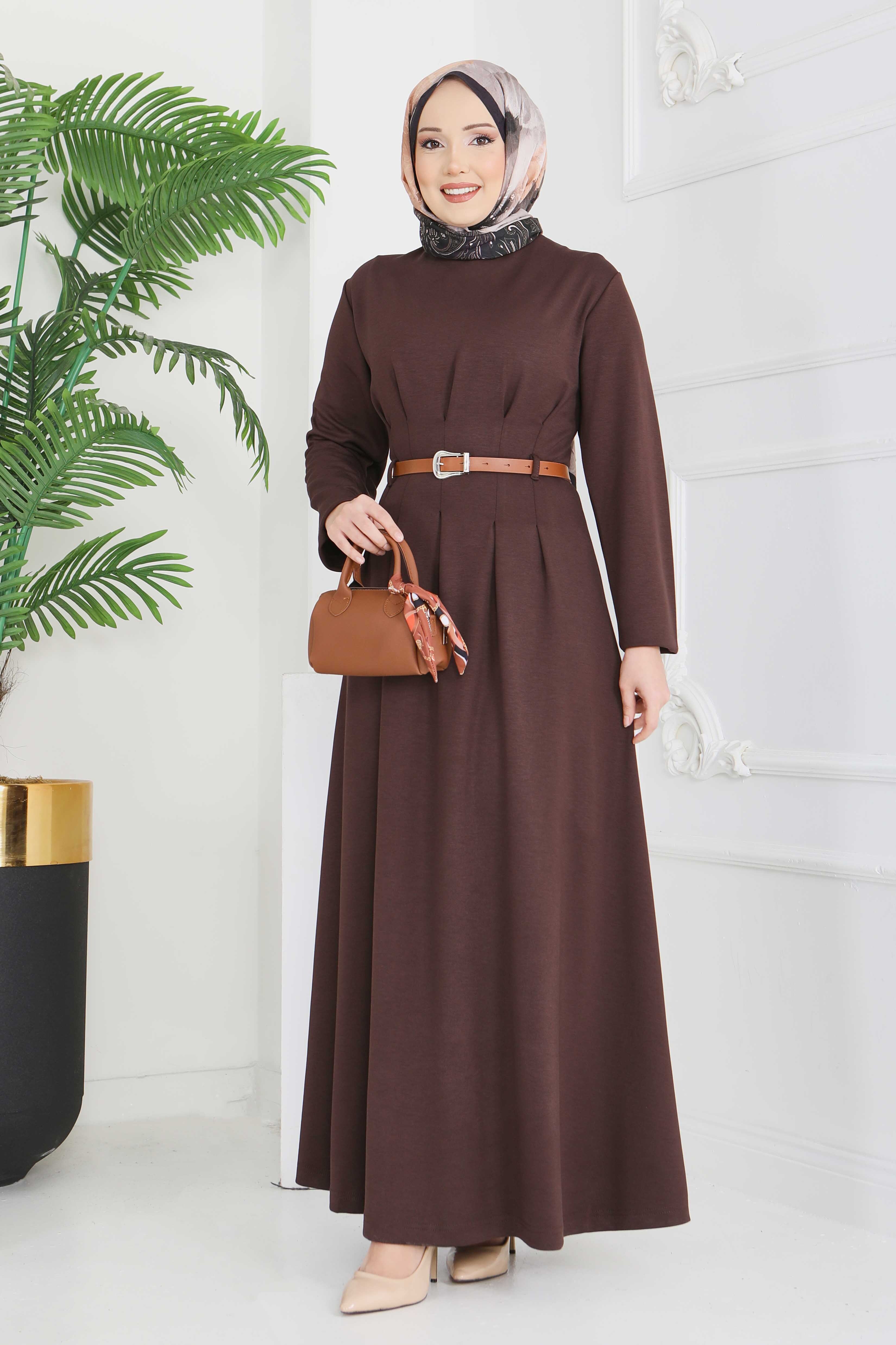 Kemerli Pile Detaylı Elbise - 28228-KAHVE - 3