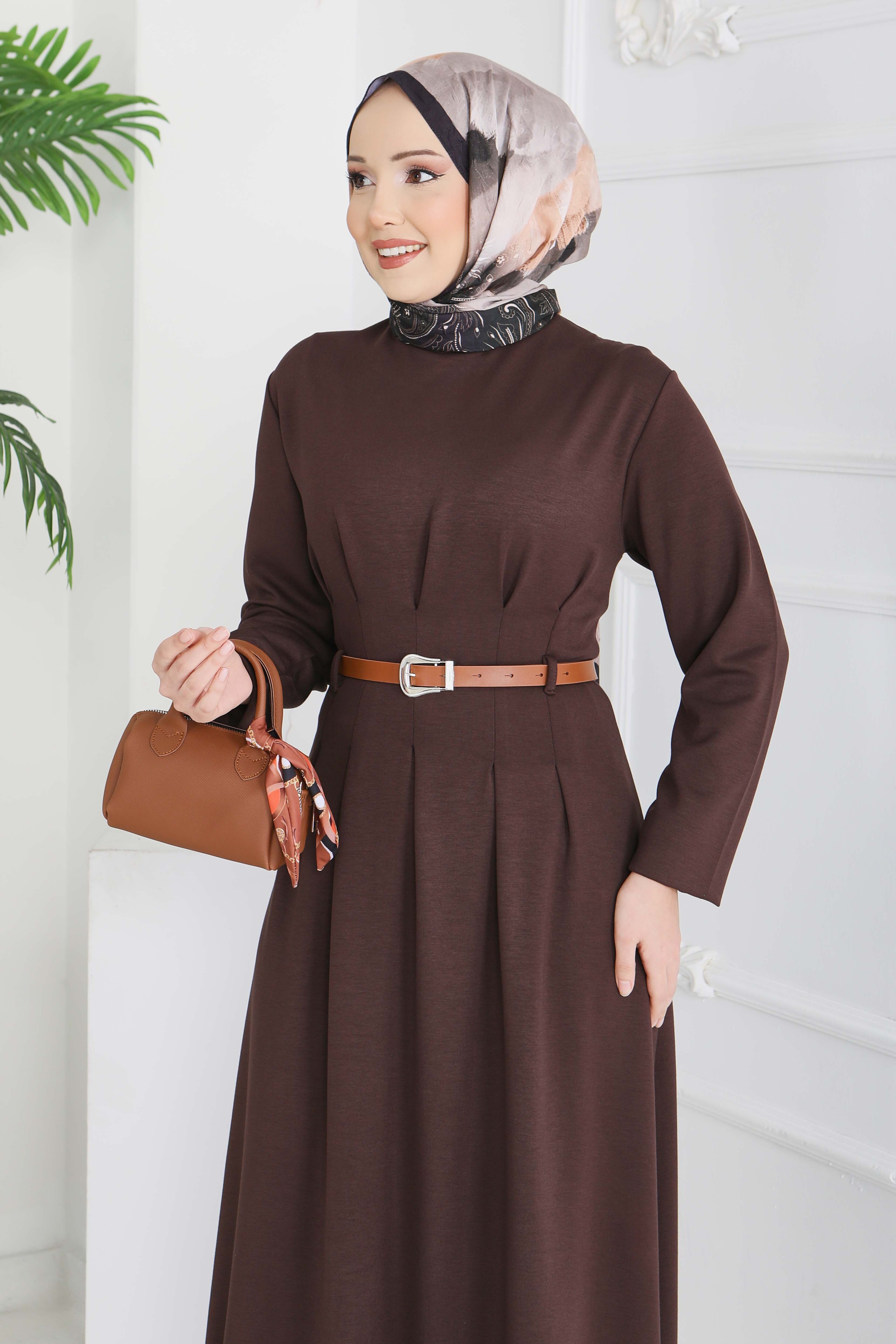 Kemerli Pile Detaylı Elbise - 28228-KAHVE - 4