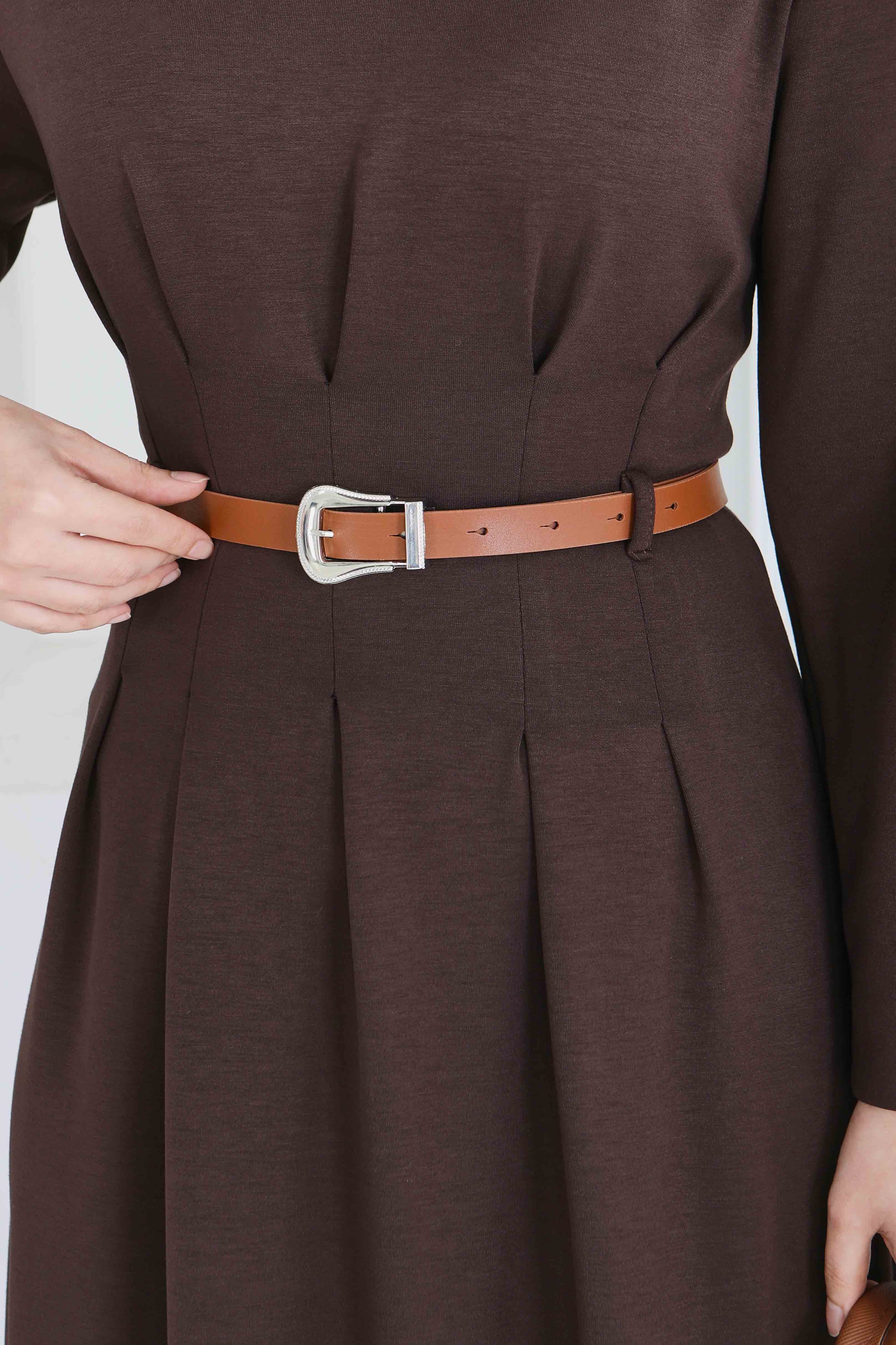 Kemerli Pile Detaylı Elbise - 28228-KAHVE - 5