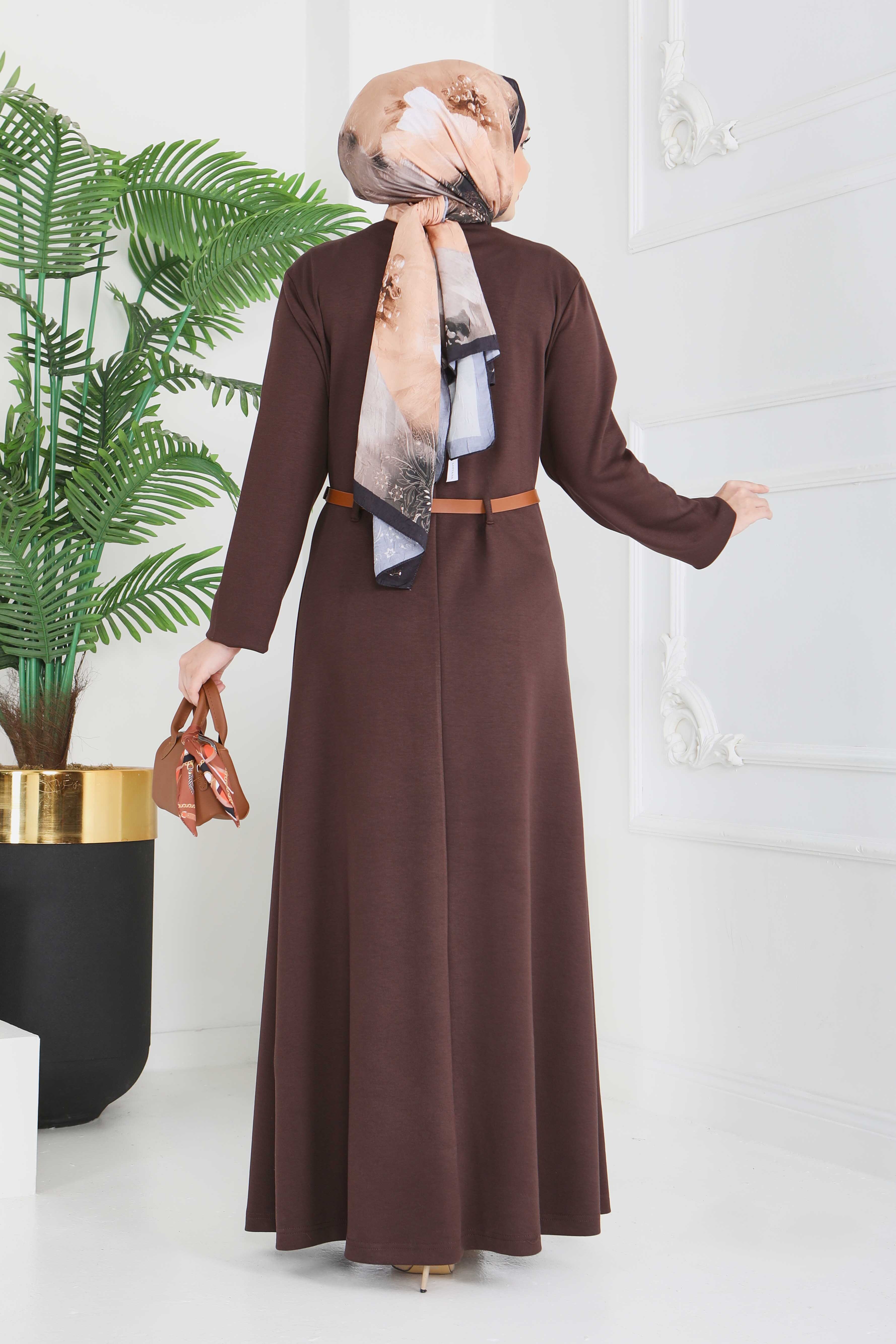 Kemerli Pile Detaylı Elbise - 28228-KAHVE - 6