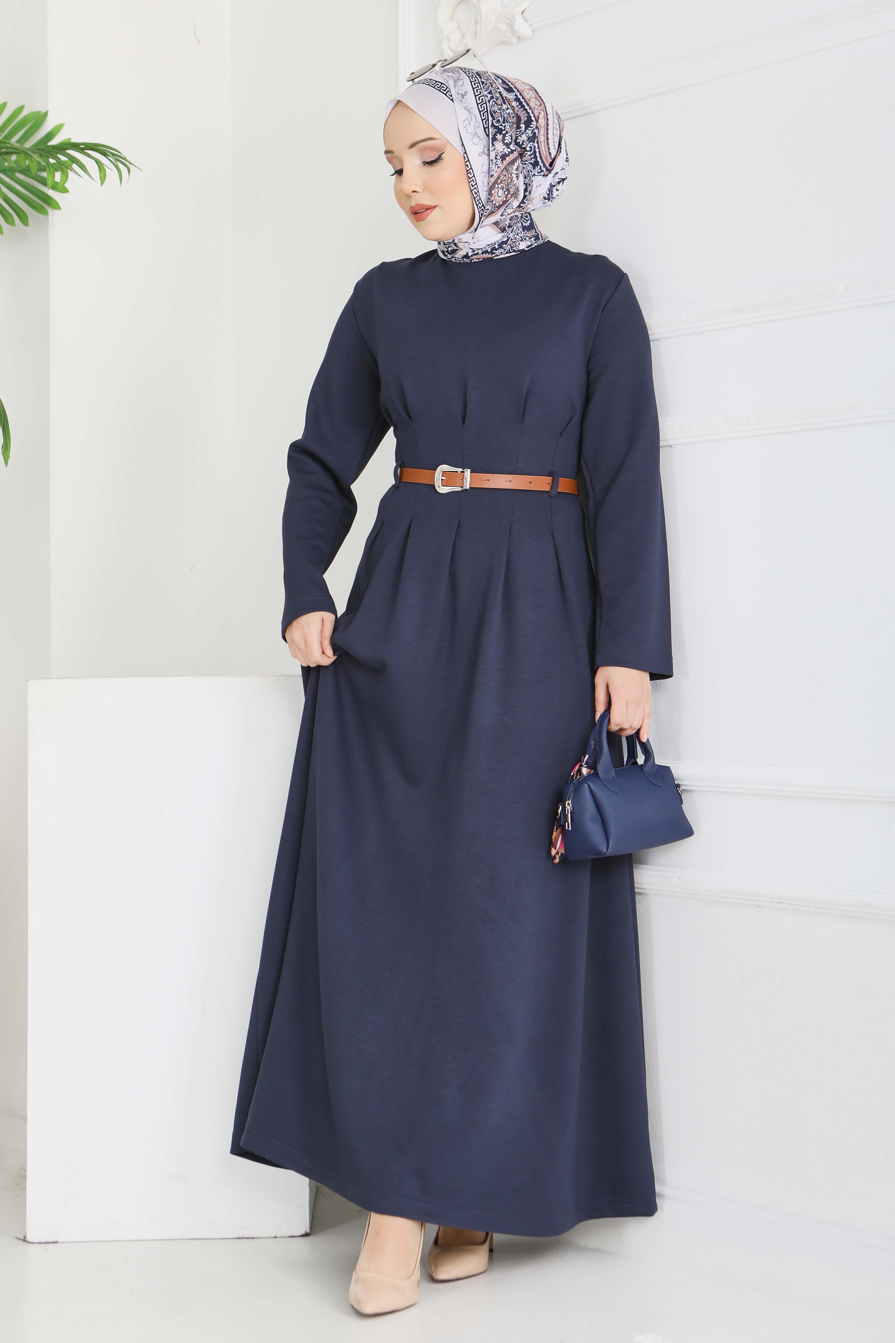 Kemerli Pile Detaylı Elbise - 28228-LACIVERT - 1