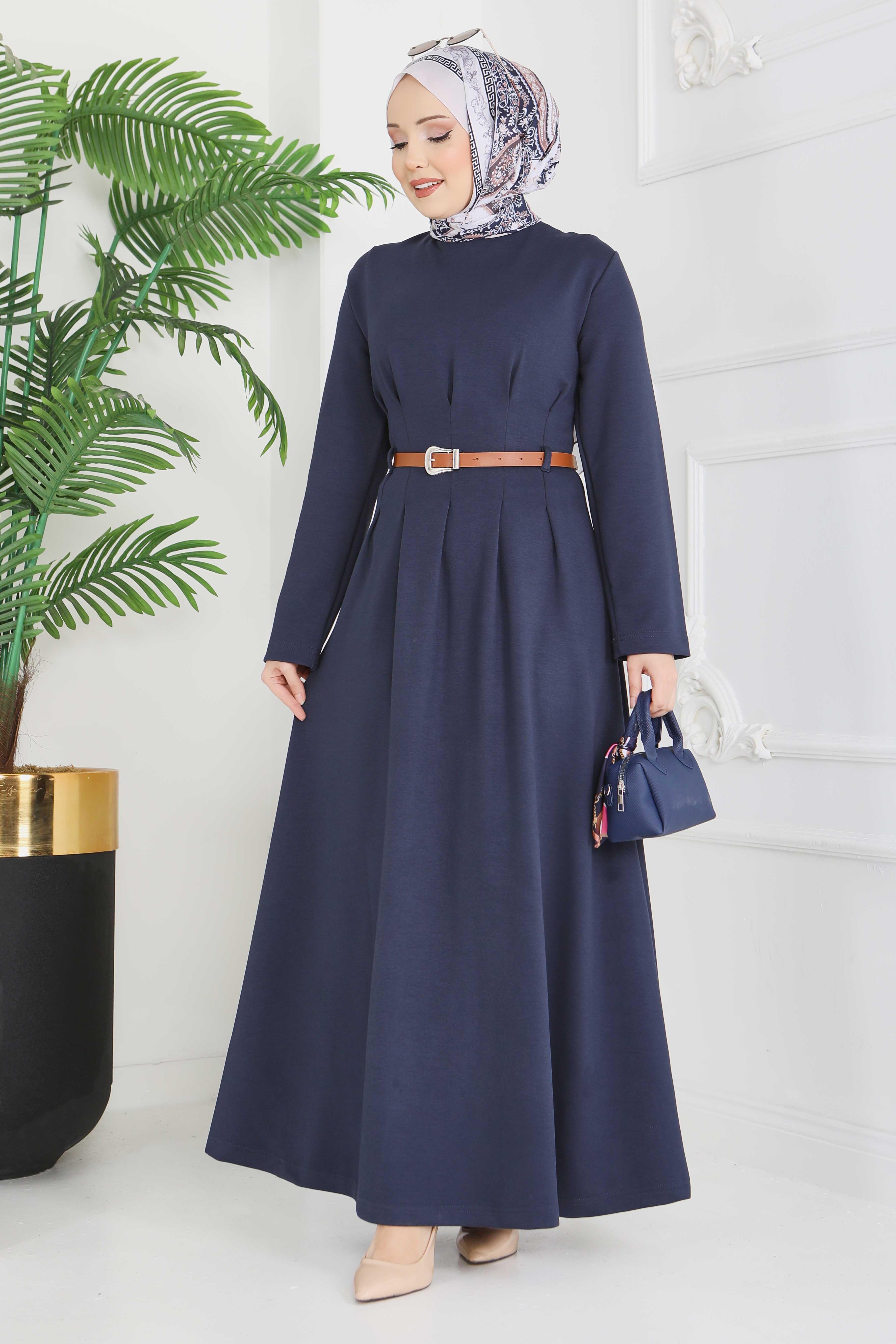 Kemerli Pile Detaylı Elbise - 28228-LACIVERT - 2