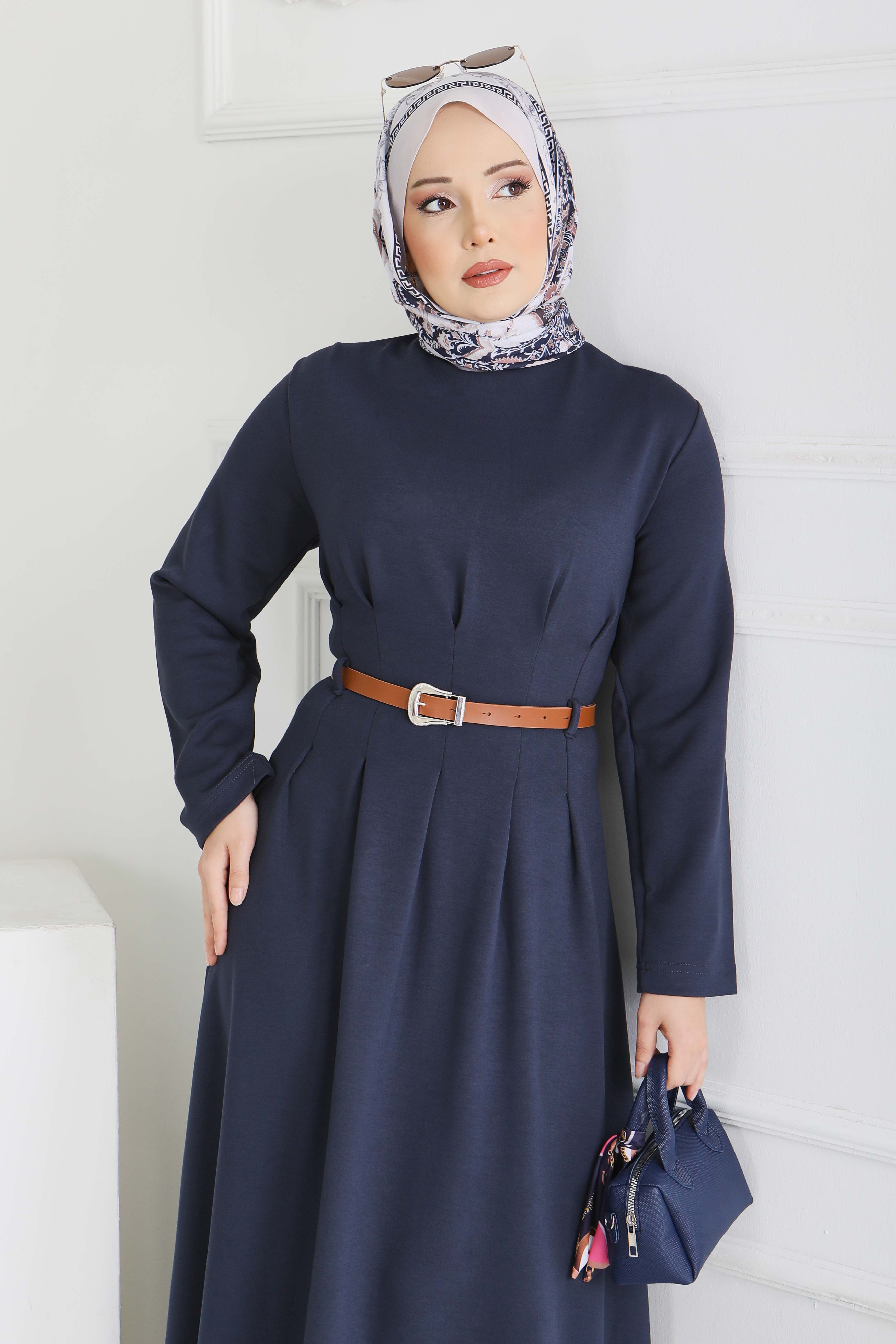 Kemerli Pile Detaylı Elbise - 28228-LACIVERT - 3