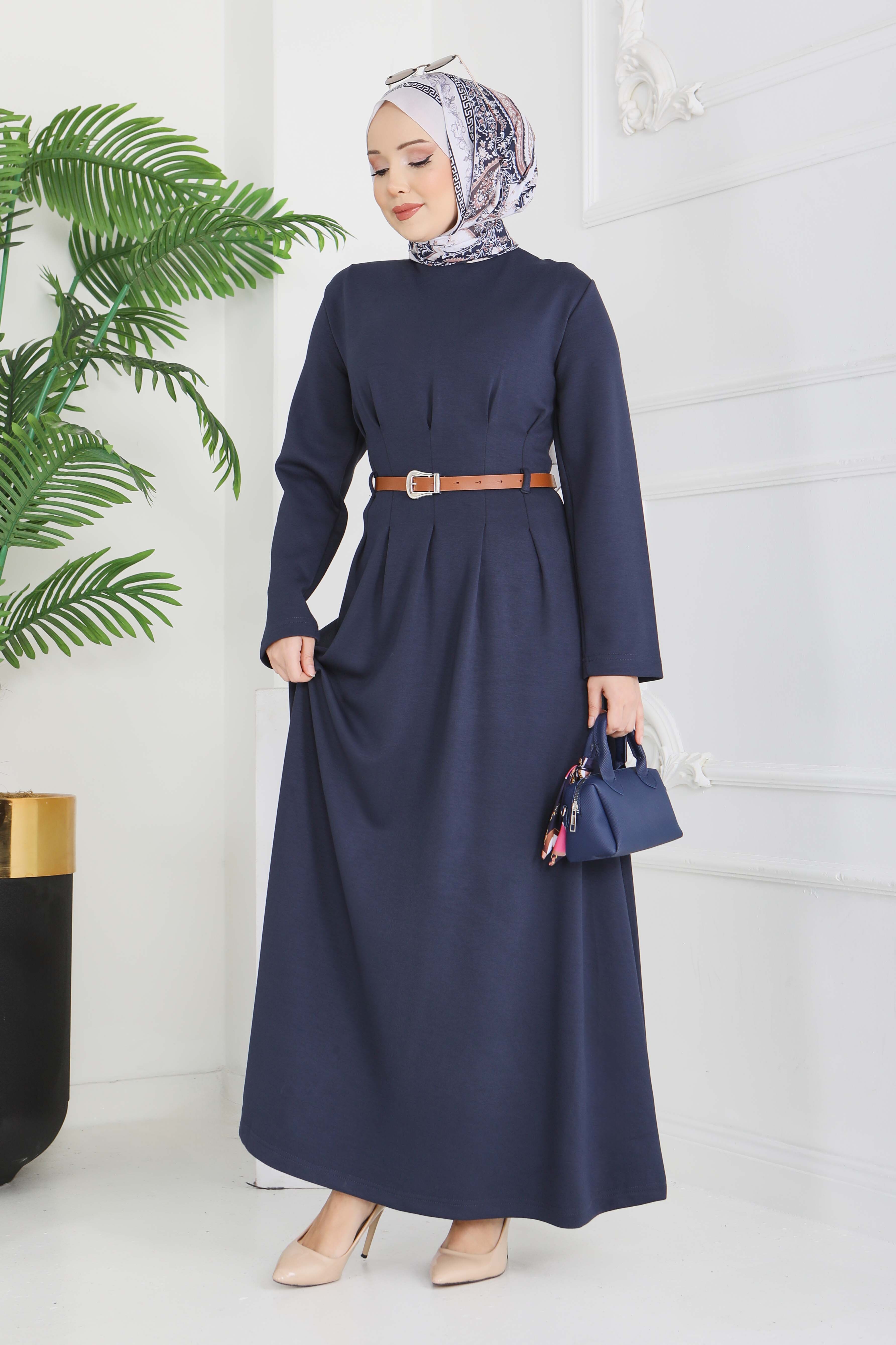 Kemerli Pile Detaylı Elbise - 28228-LACIVERT - 4