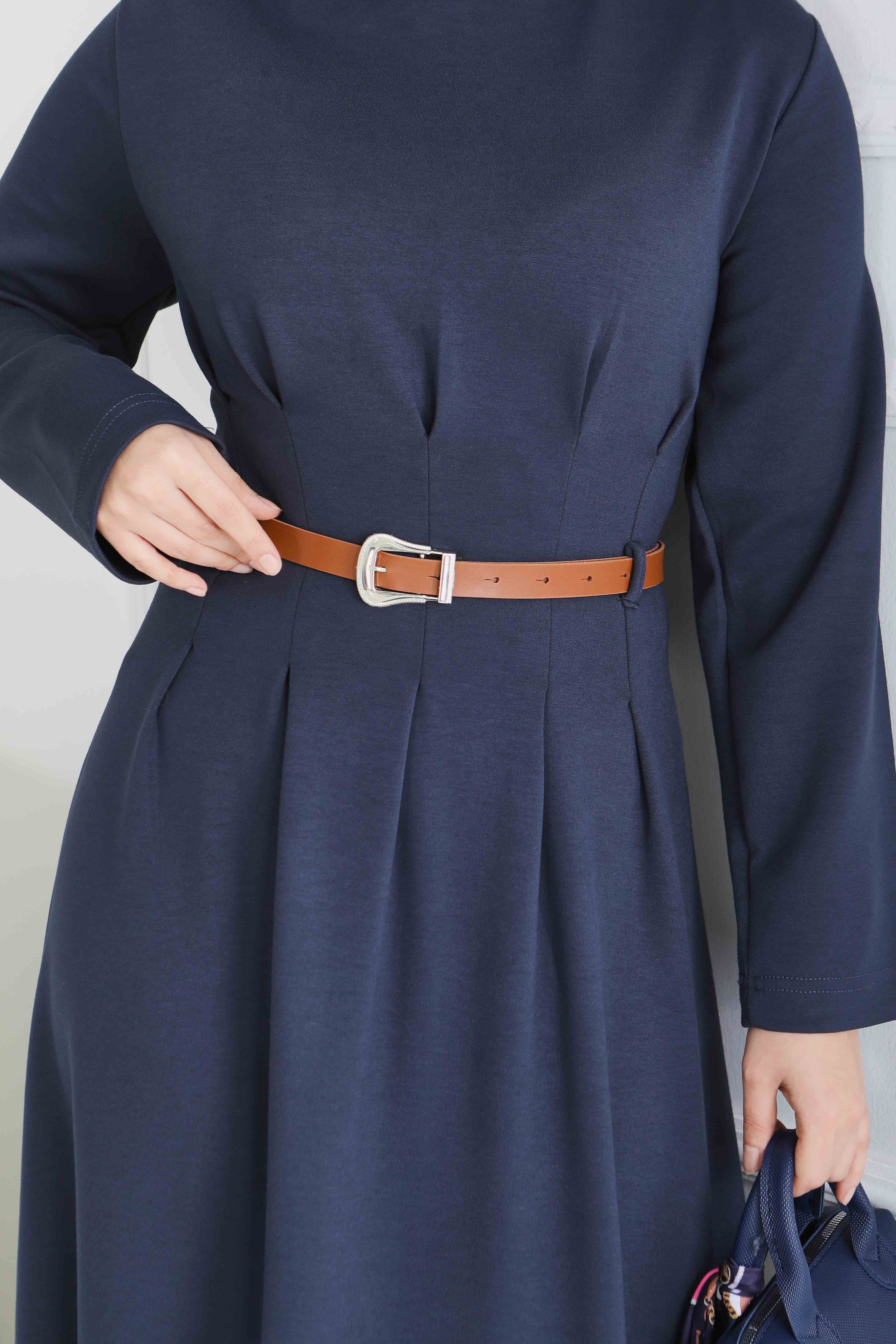 Kemerli Pile Detaylı Elbise - 28228-LACIVERT - 5