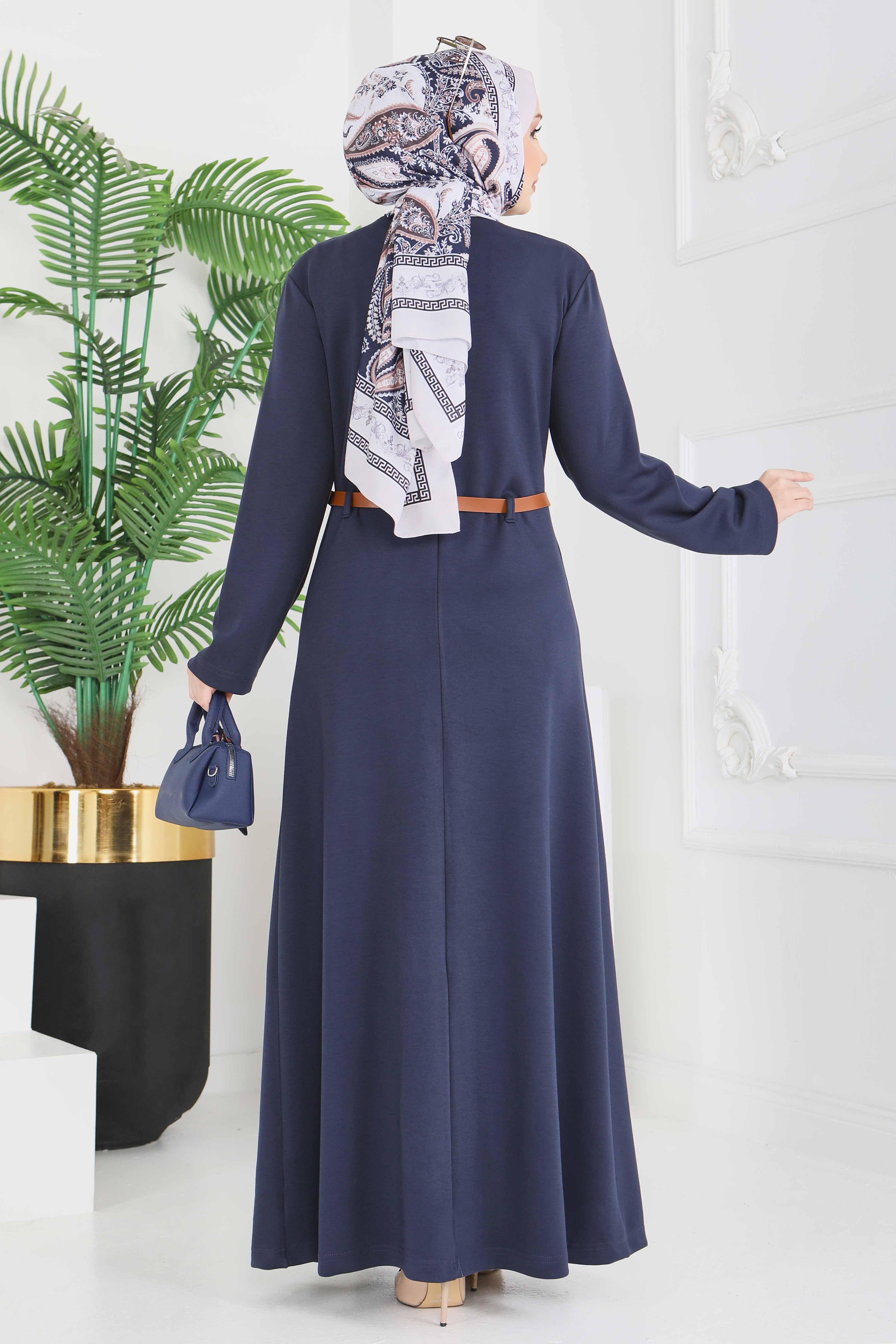 Kemerli Pile Detaylı Elbise - 28228-LACIVERT - 6