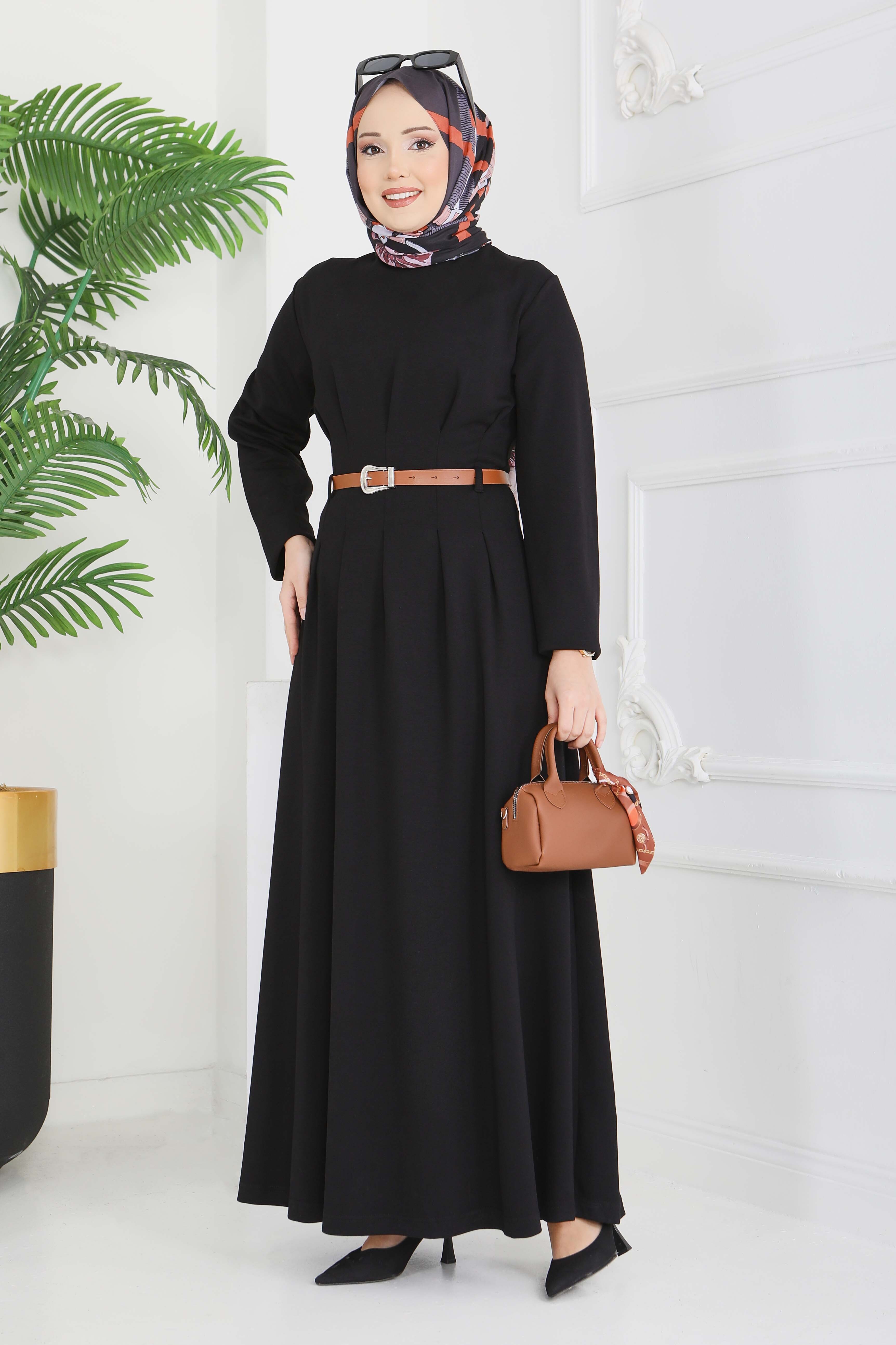 Kemerli Pile Detaylı Elbise - 28228-SIYAH - 1