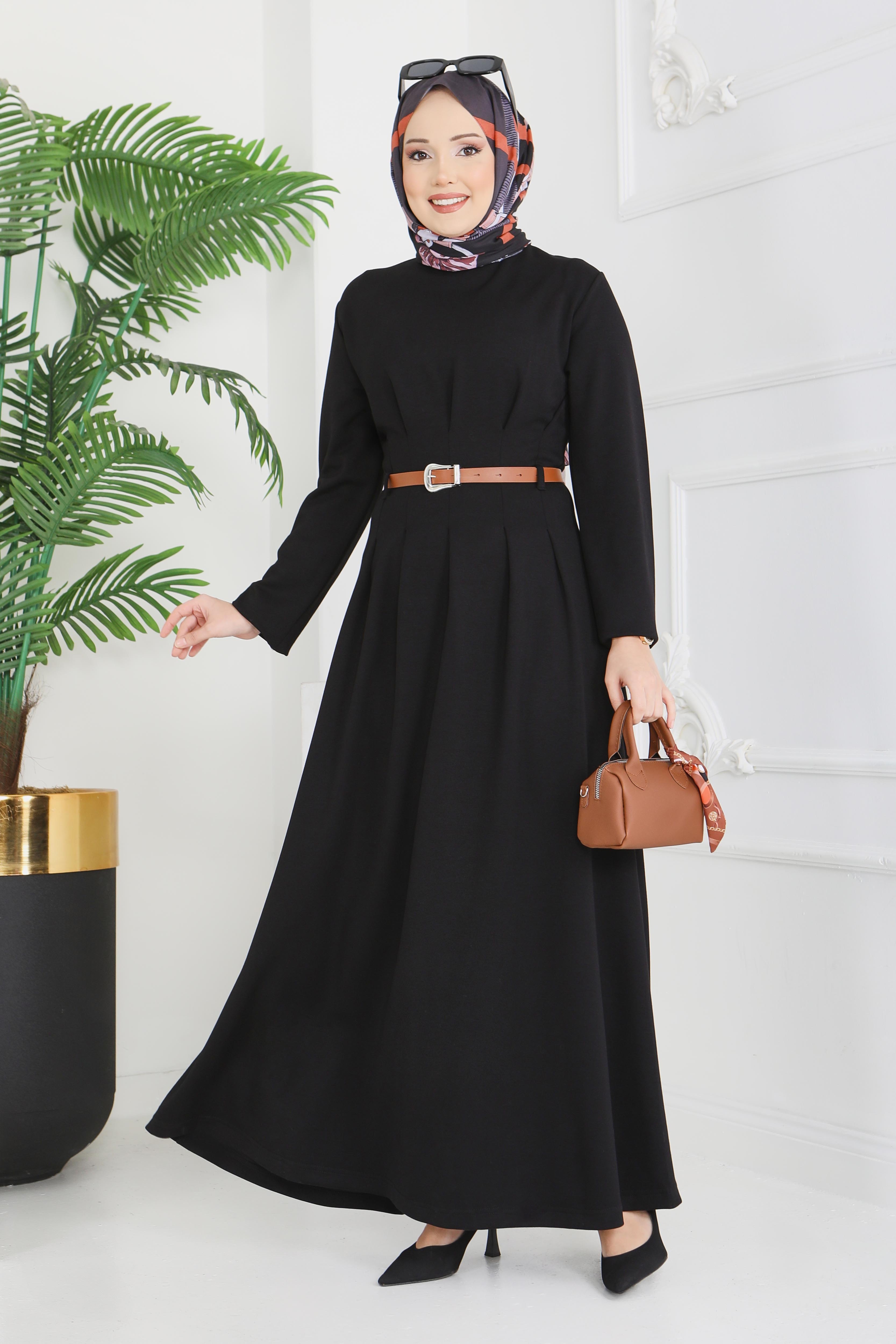 Kemerli Pile Detaylı Elbise - 28228-SIYAH - 3