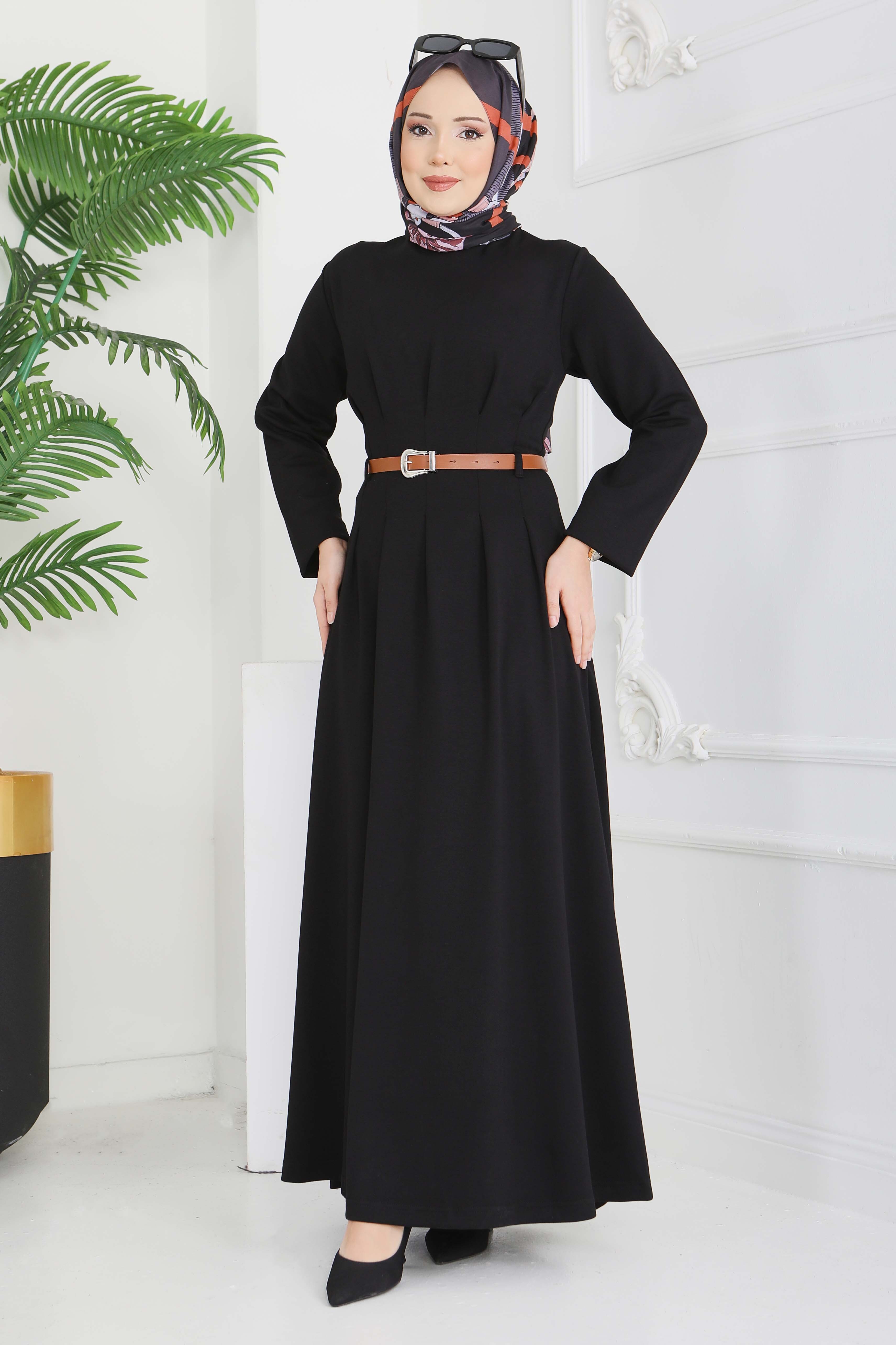 Kemerli Pile Detaylı Elbise - 28228-SIYAH - 6