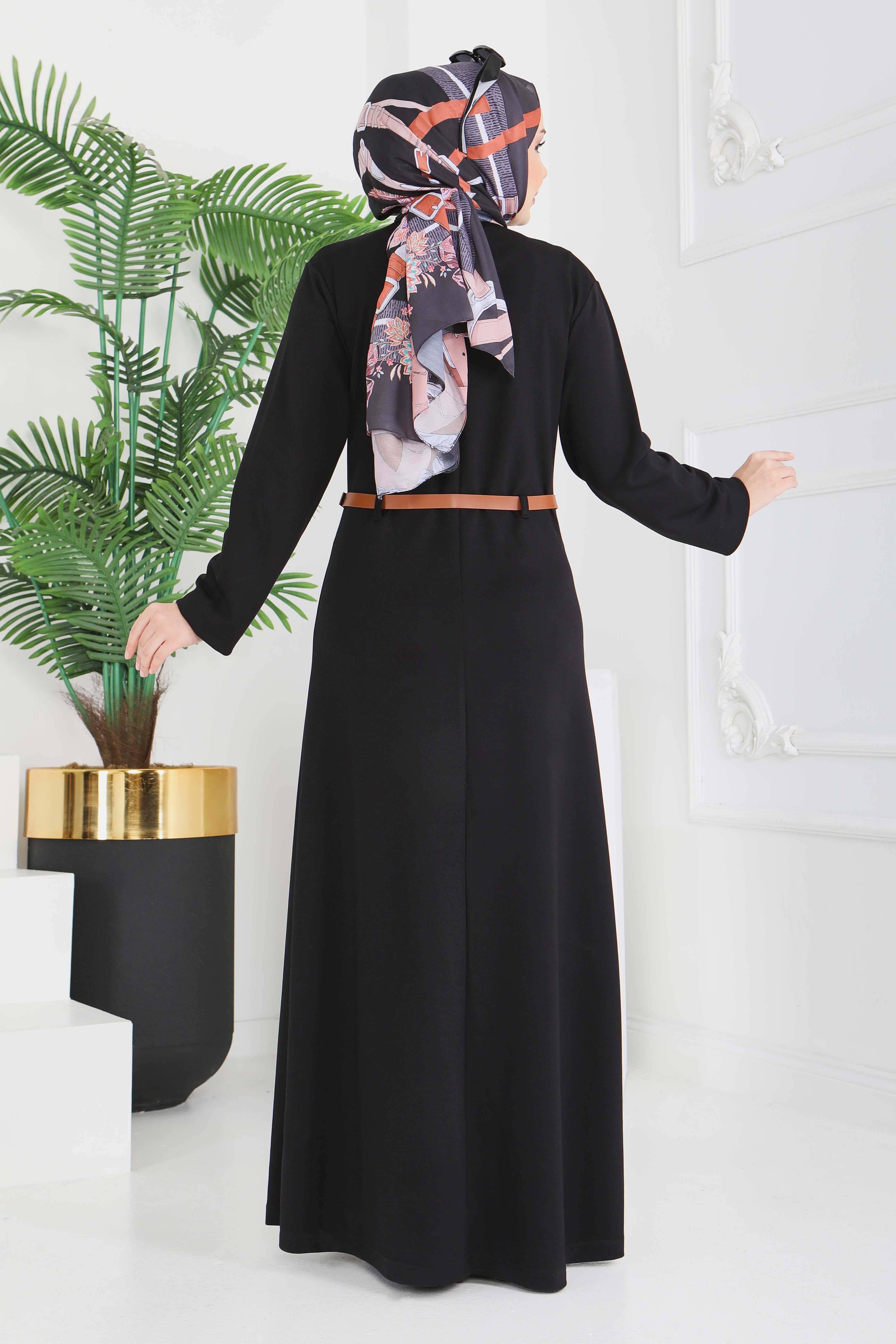 Kemerli Pile Detaylı Elbise - 28228-SIYAH - 7