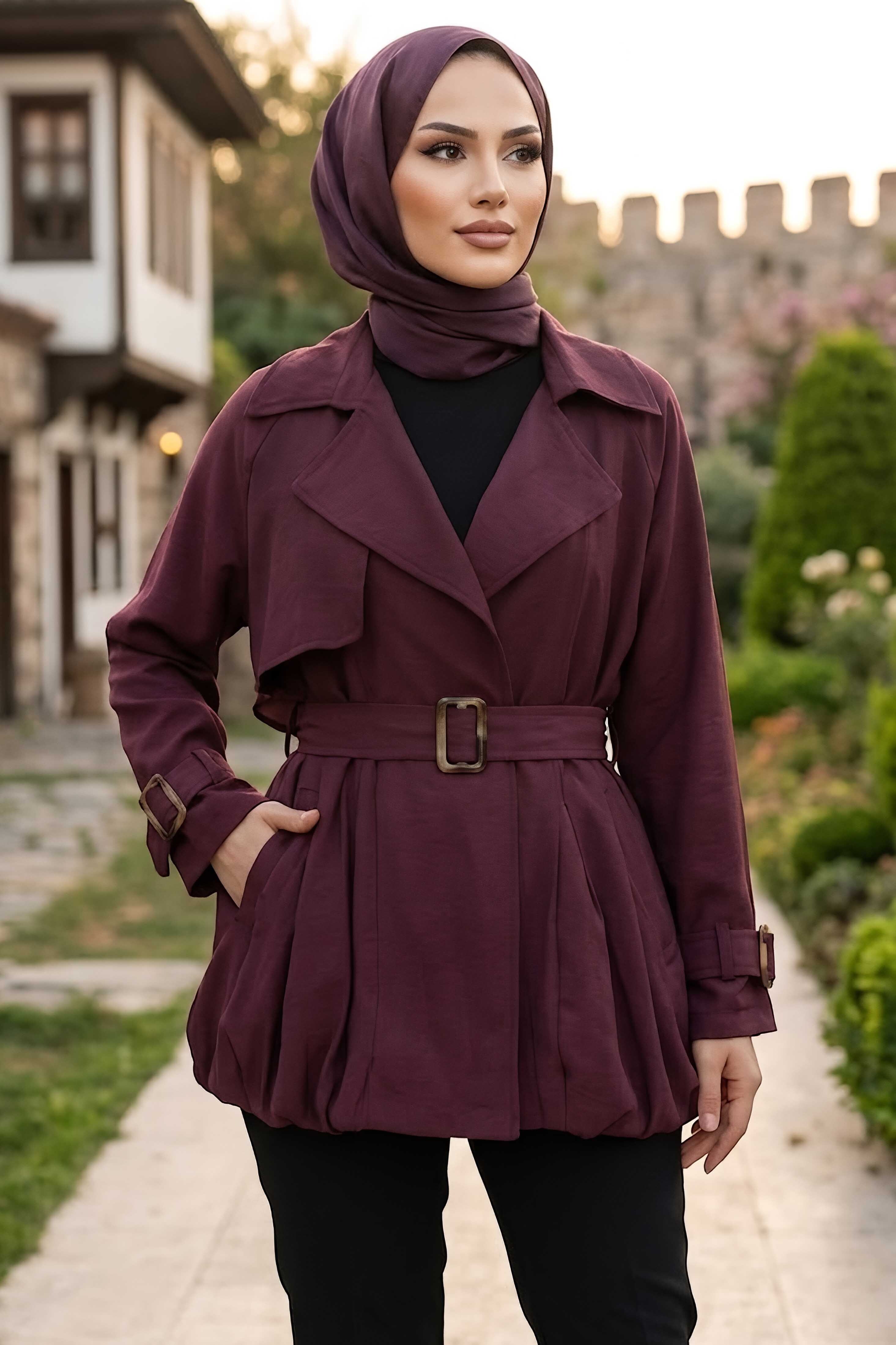 Kemerli Trençkot Bordo - 28549-BORDO - 1