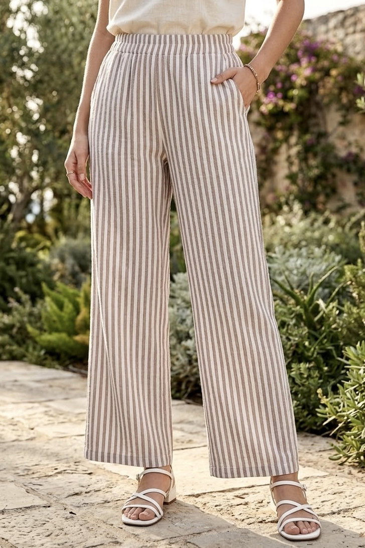 Keten Çizgili Pantolon Kahve - 2145-KAHVE - 1