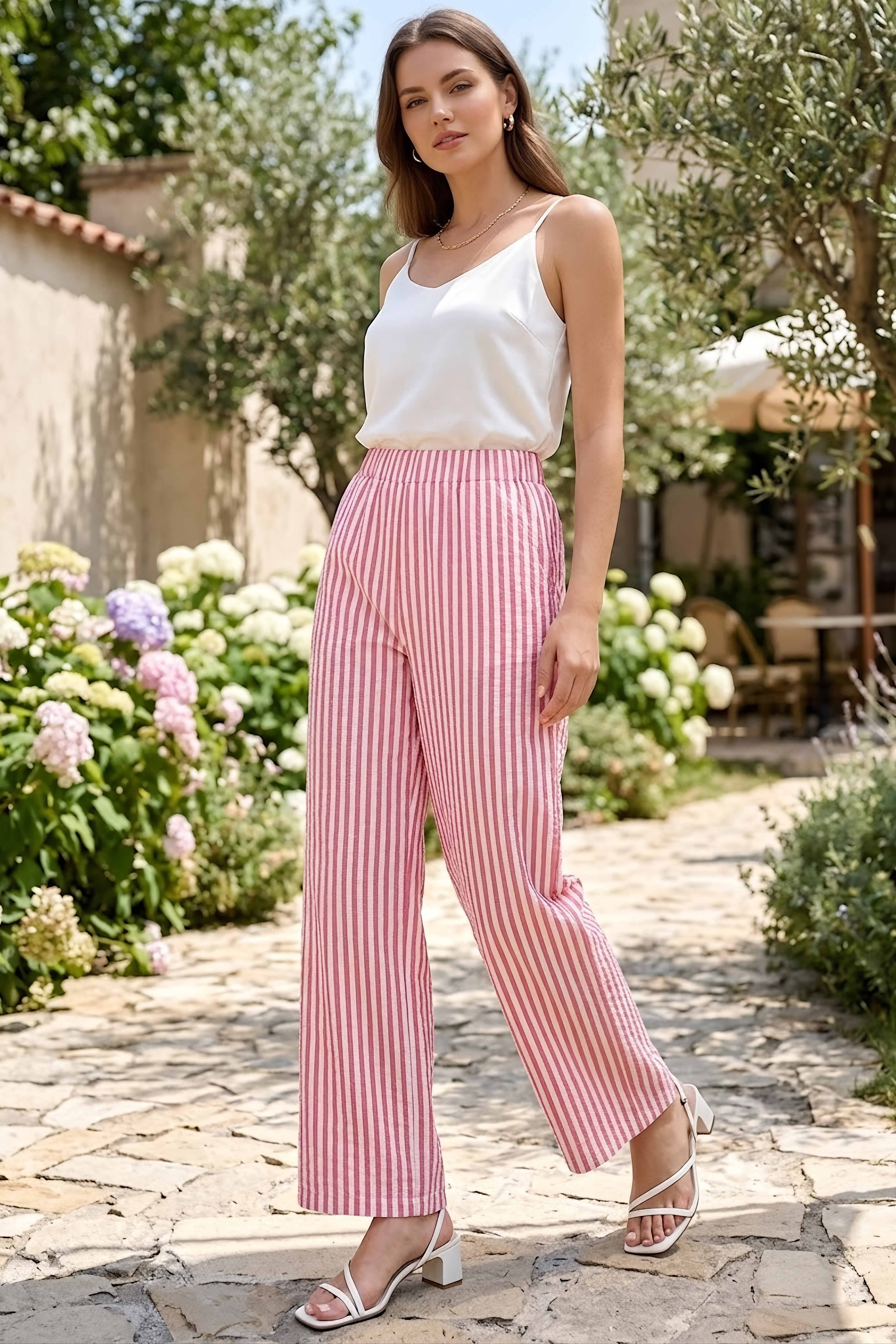 Keten Çizgili Pantolon Kirmizi - 2145-KIRMIZI - 1