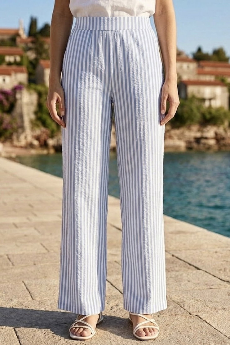 Keten Çizgili Pantolon Mavi - 2145-MAVI - 2