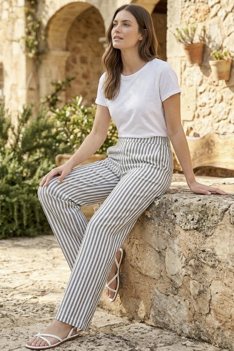 Keten Çizgili Pantolon Yesil - 2145-YESIL - 1