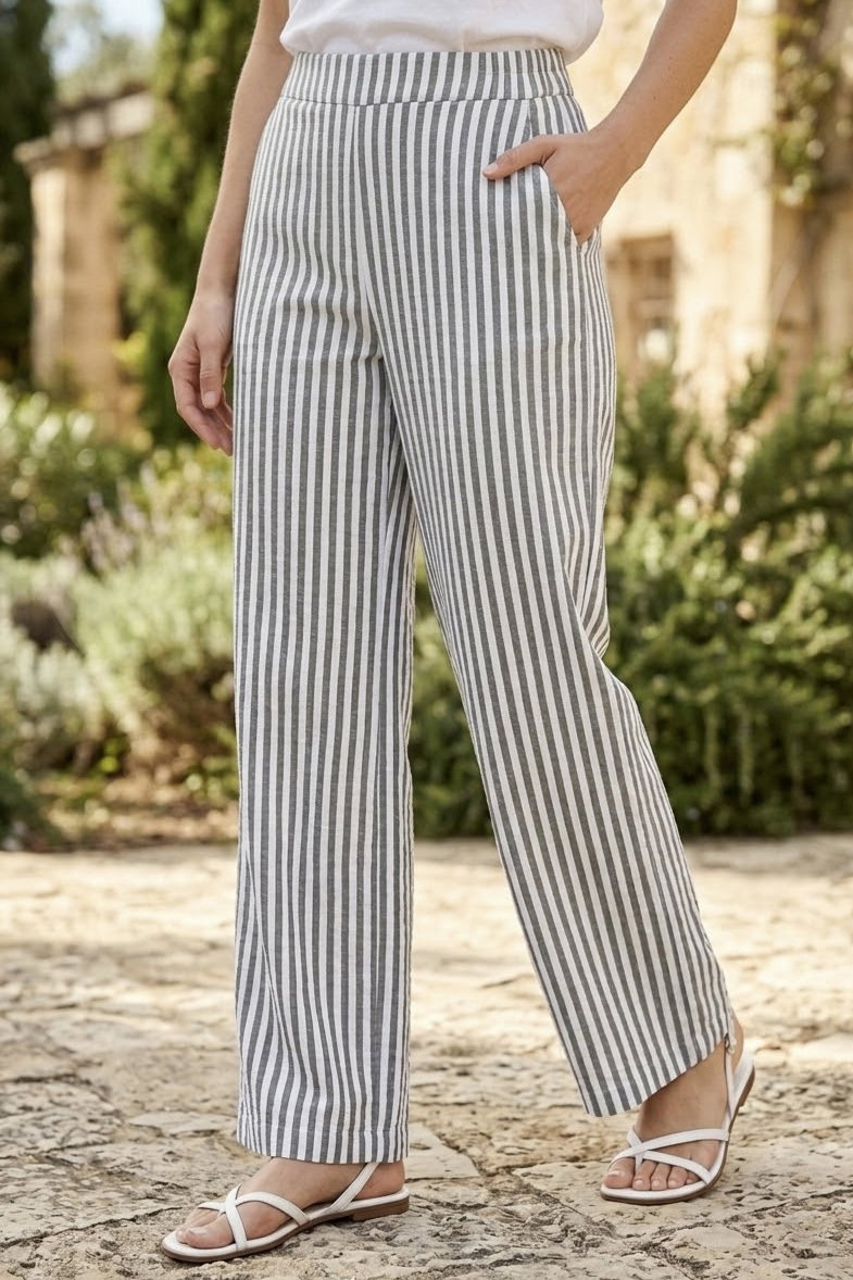 Keten Çizgili Pantolon Yesil - 2145-YESIL - 2