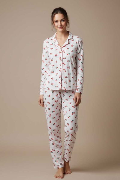 Kiraz Baskılı Pijama Takımı - 27938-BEYAZ 