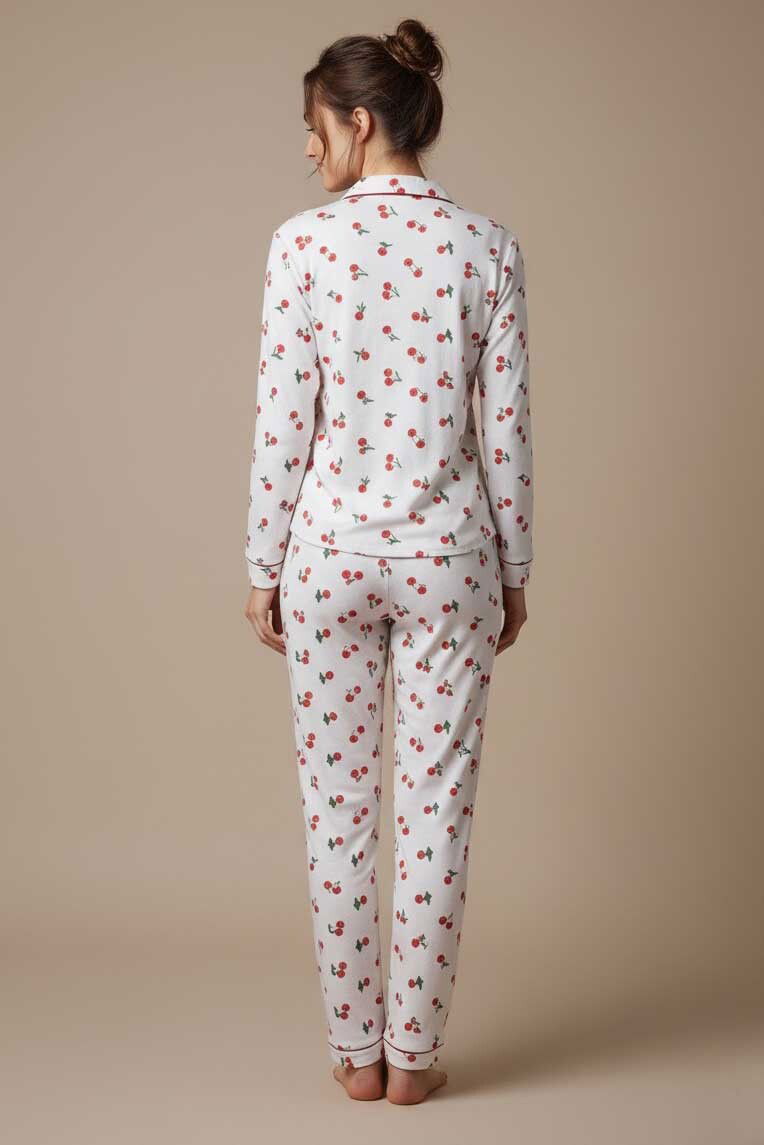 Kiraz Baskılı Pijama Takımı - 27938-BEYAZ - TOFİSA