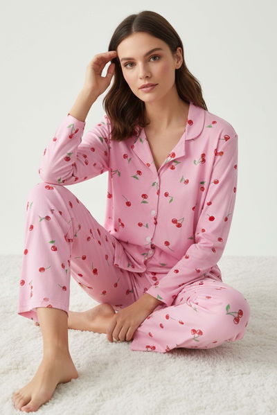 Kiraz Baskılı Pijama Takımı - 27938-PEMBE 