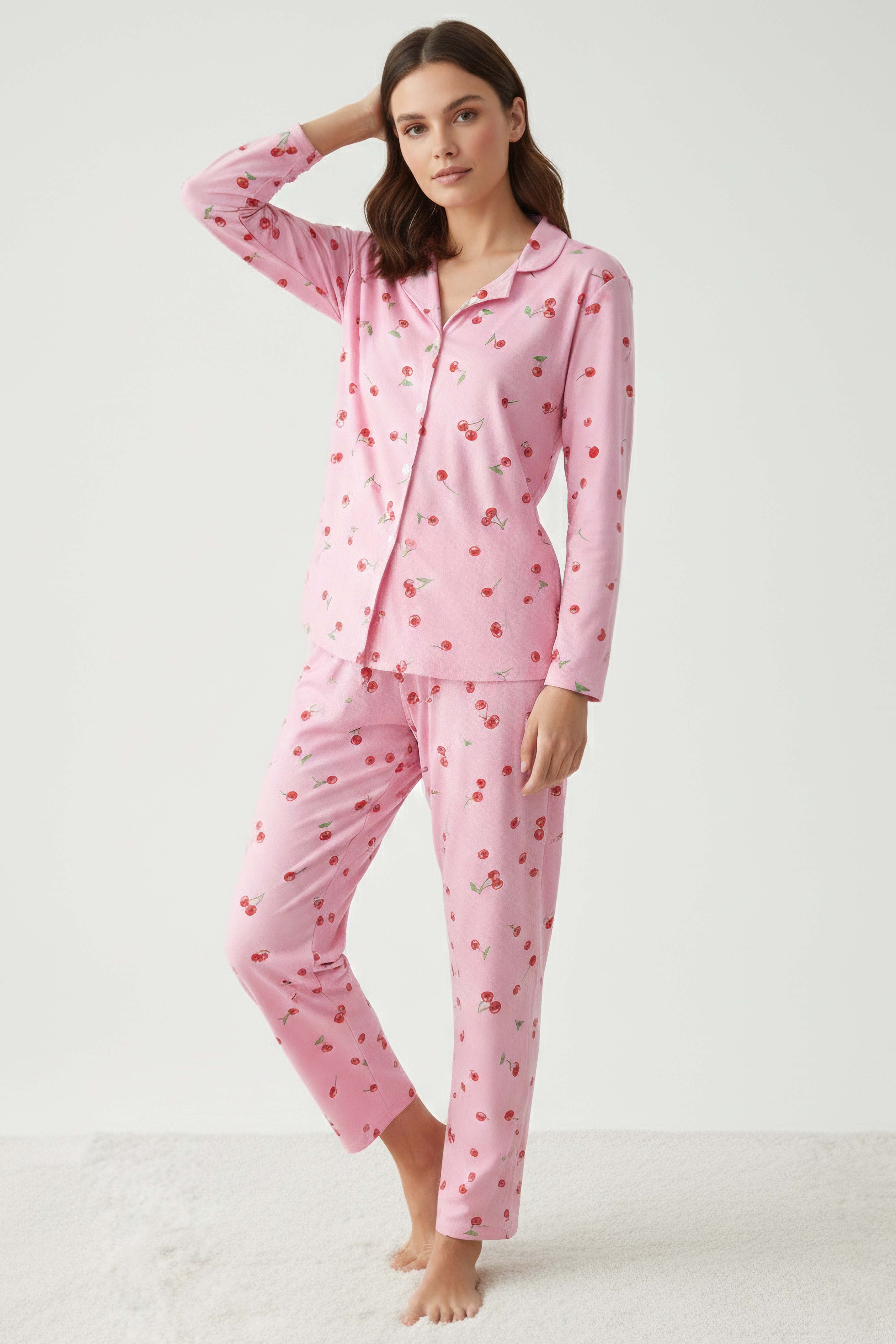 Kiraz Baskılı Pijama Takımı - 27938-PEMBE - 2
