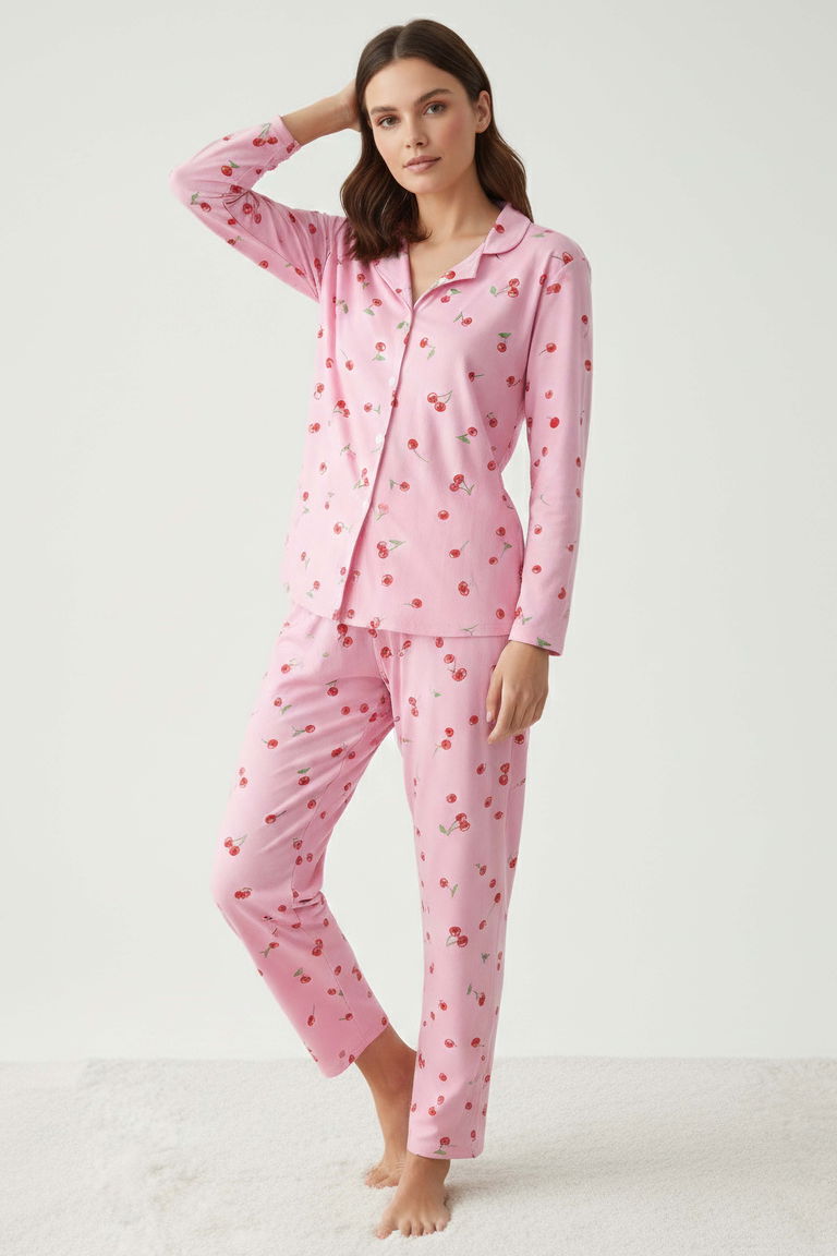 Kiraz Baskılı Pijama Takımı - 27938-PEMBE - TOFİSA
