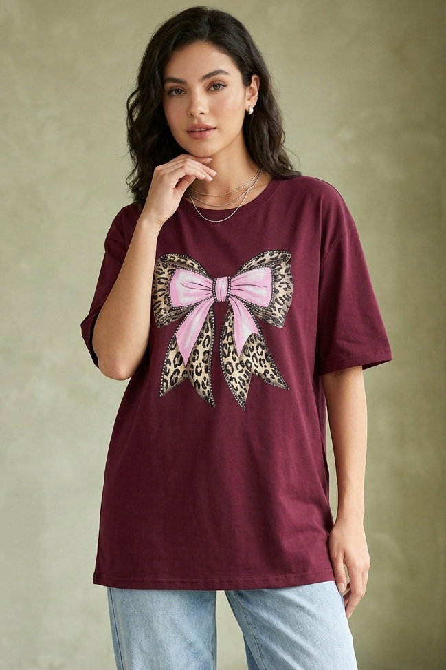 Kısa Kollu Baskılı T-shirt - 1316-BORDO - 1