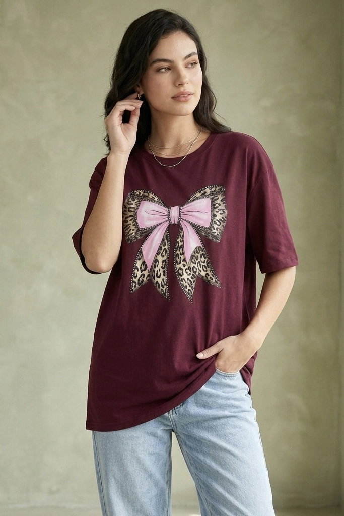 Kısa Kollu Baskılı T-shirt - 1316-BORDO - 2