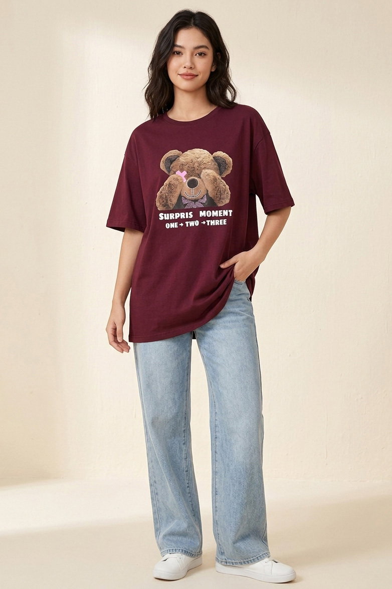 Kısa Kollu Baskılı T-shirt - 1317-BORDO - 1