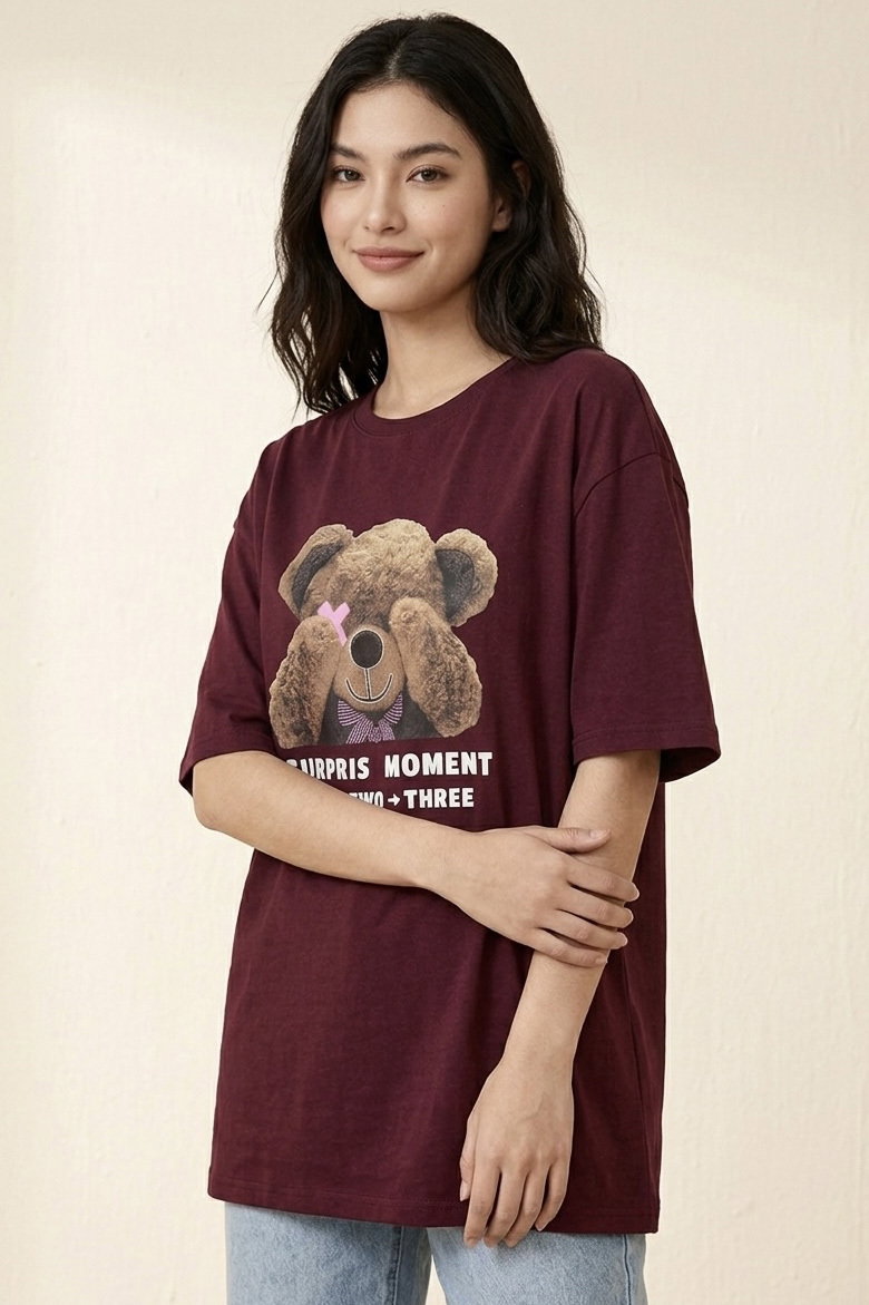 Kısa Kollu Baskılı T-shirt - 1317-BORDO - 2