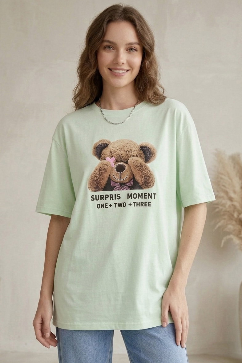 Kısa Kollu Baskılı T-shirt - 1317-MINT - 1