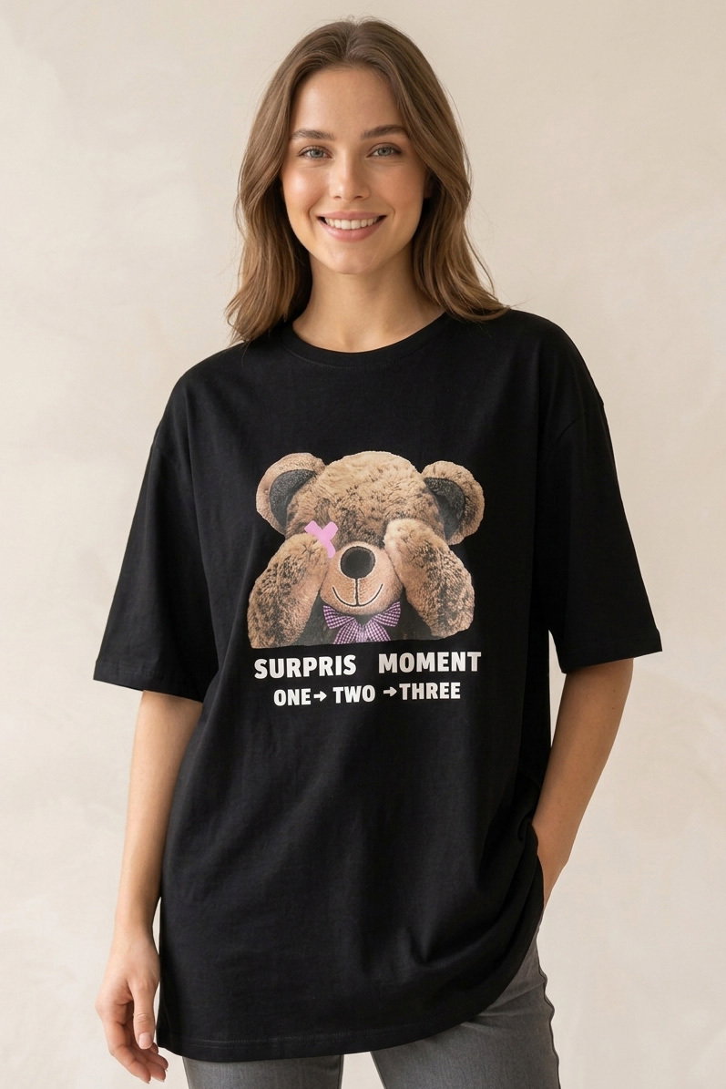 Kısa Kollu Baskılı T-shirt - 1317-SIYAH - 1