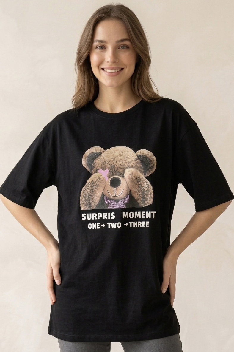 Kısa Kollu Baskılı T-shirt - 1317-SIYAH - 2