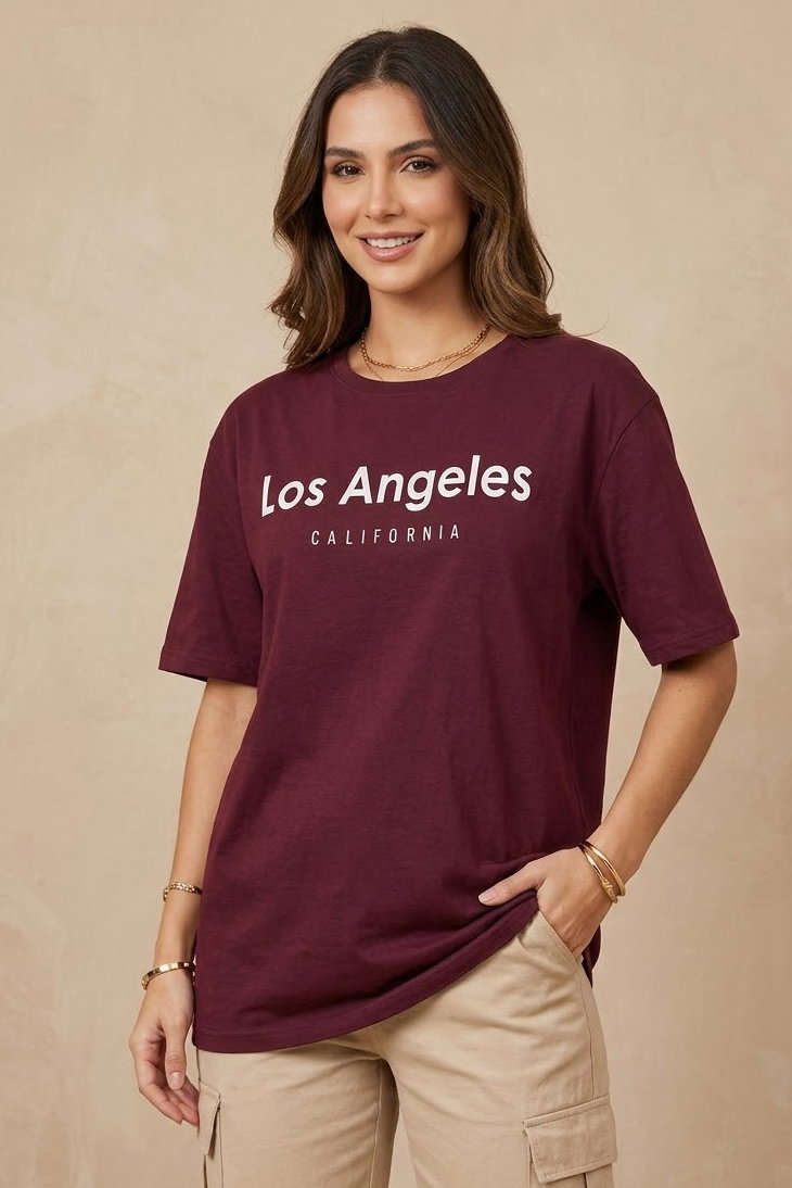 Kısa Kollu Baskılı T-shirt - 1318-BORDO - 1