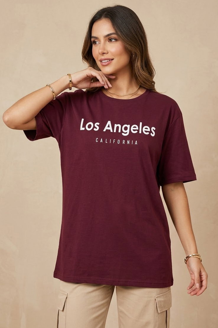 Kısa Kollu Baskılı T-shirt - 1318-BORDO - 2