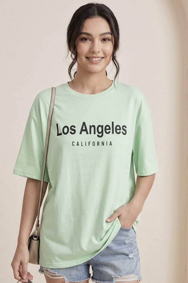 Kısa Kollu Baskılı T-shirt - 1318-MINT - 1