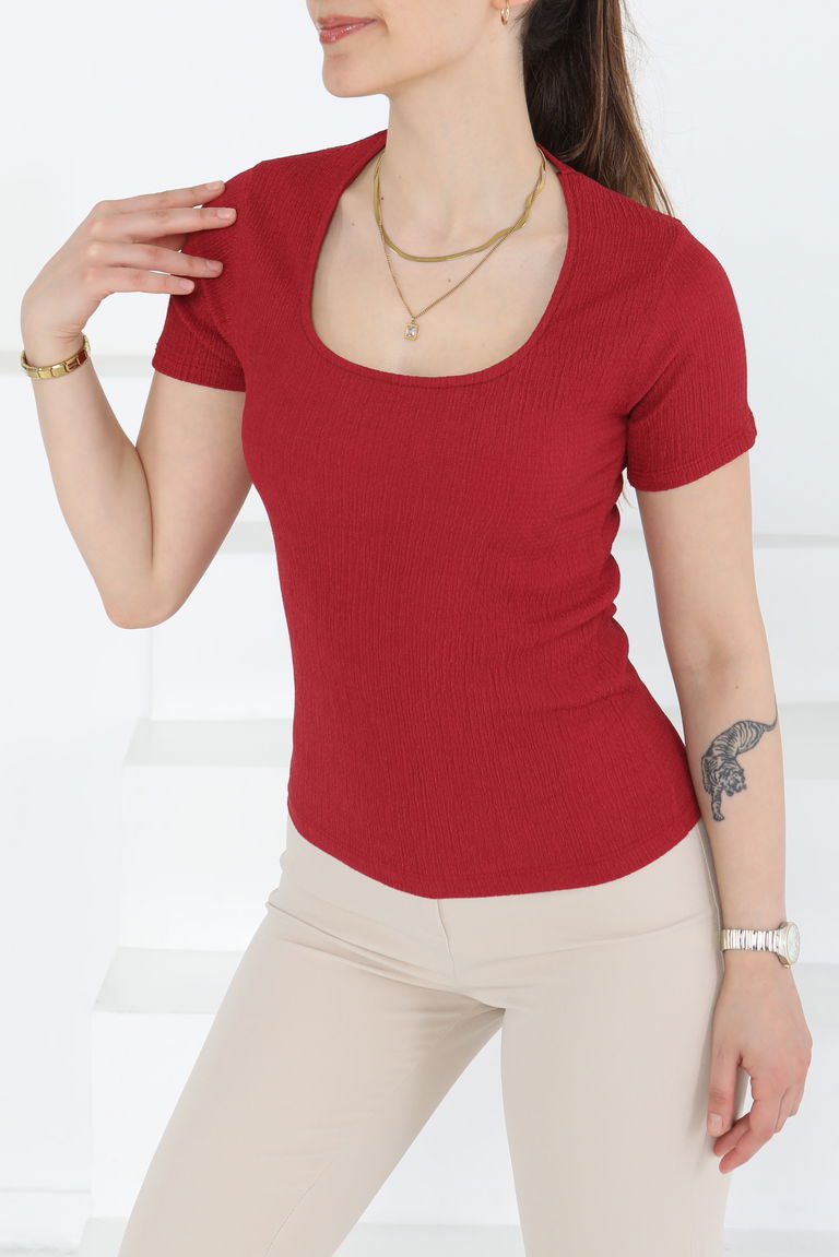 Kısa Kollu Bluz Bordo - 27235 - TOFİSA