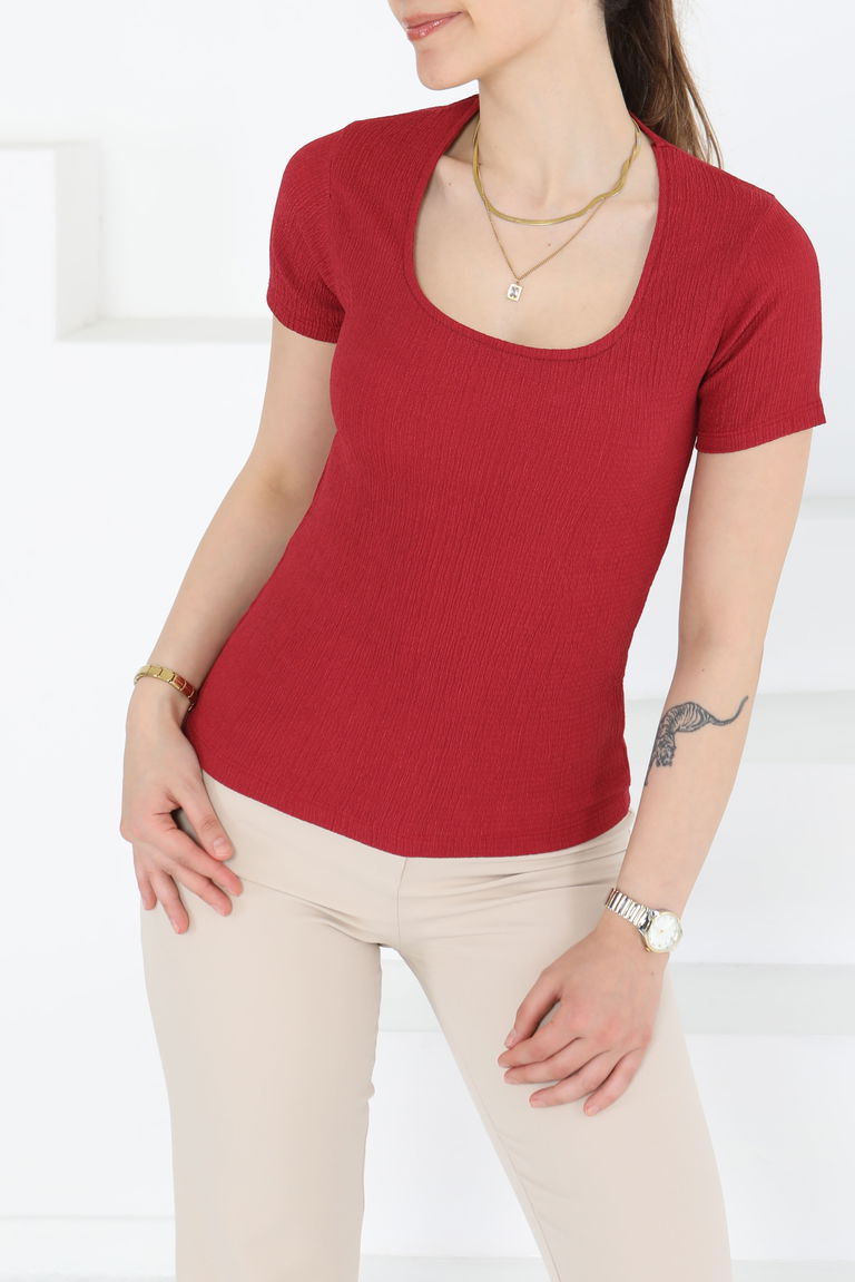 Kısa Kollu Bluz Bordo - 27235 - TOFİSA