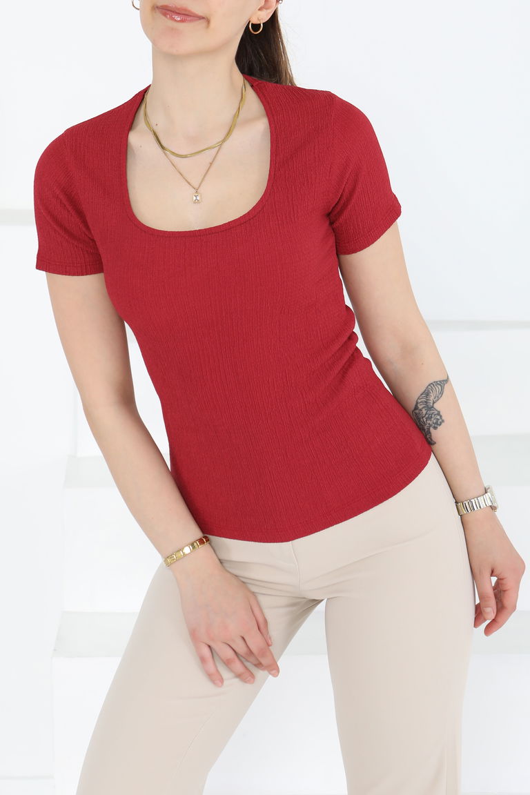 Kısa Kollu Bluz Bordo - 27235 - TOFİSA