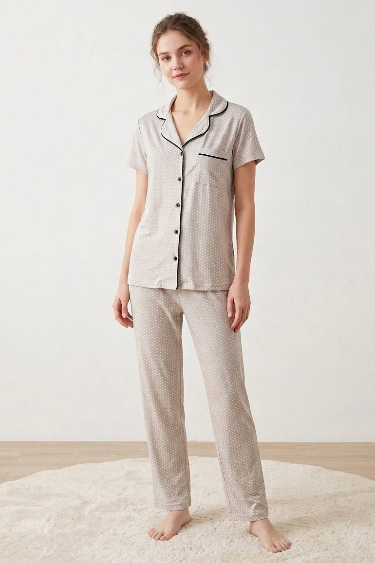 Kısa Kollu Düğmeli Pijama Takımı Bej - 28600-BEJ - 1