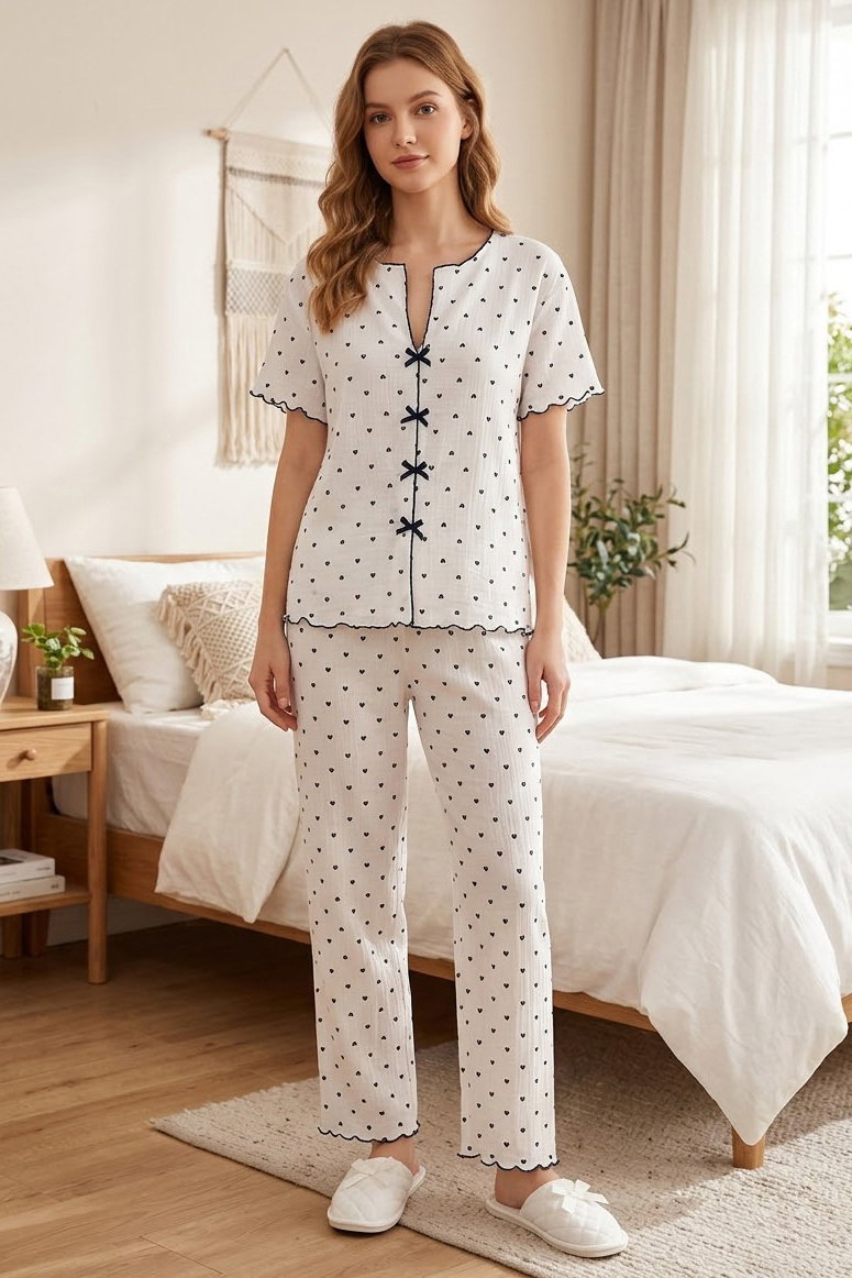 Kısa Kollu Düğmeli Pijama Takımı Beyaz - 28593-BEYAZ - 1