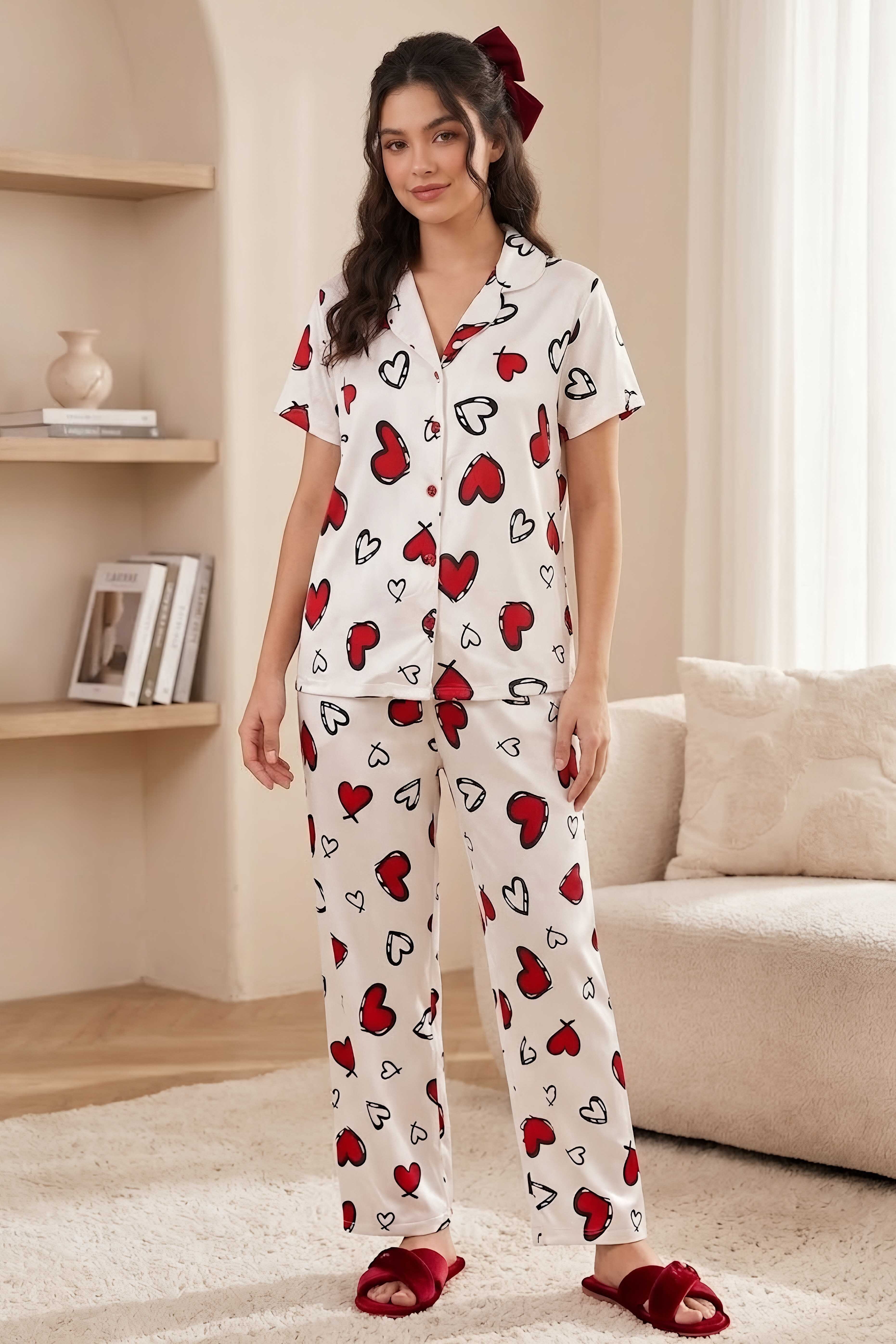 Kısa Kollu Düğmeli Pijama Takımı Beyaz - 28596-BEYAZ - 1
