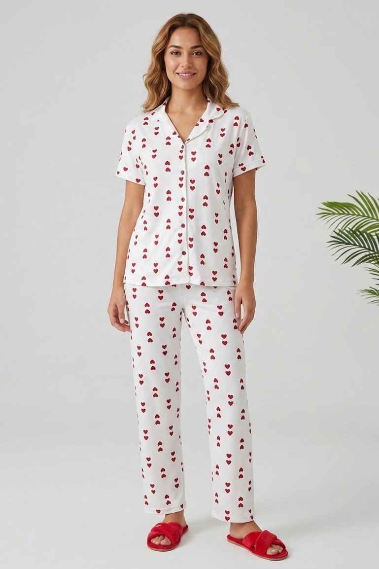 Kısa kollu düğmeli pijama takımı Beyaz - 28599-BEYAZ - 1