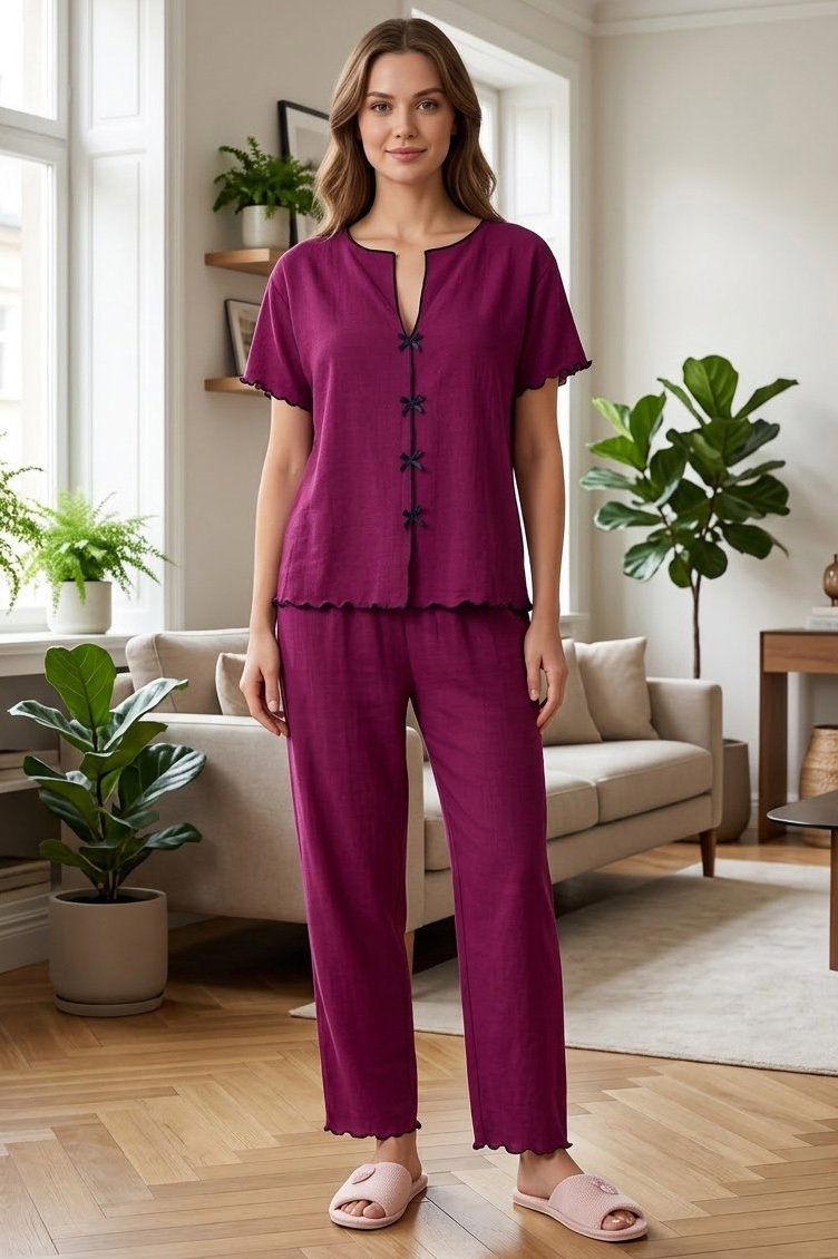Kısa Kollu Düğmeli Pijama Takımı Bordo - 28593-BORDO - 1
