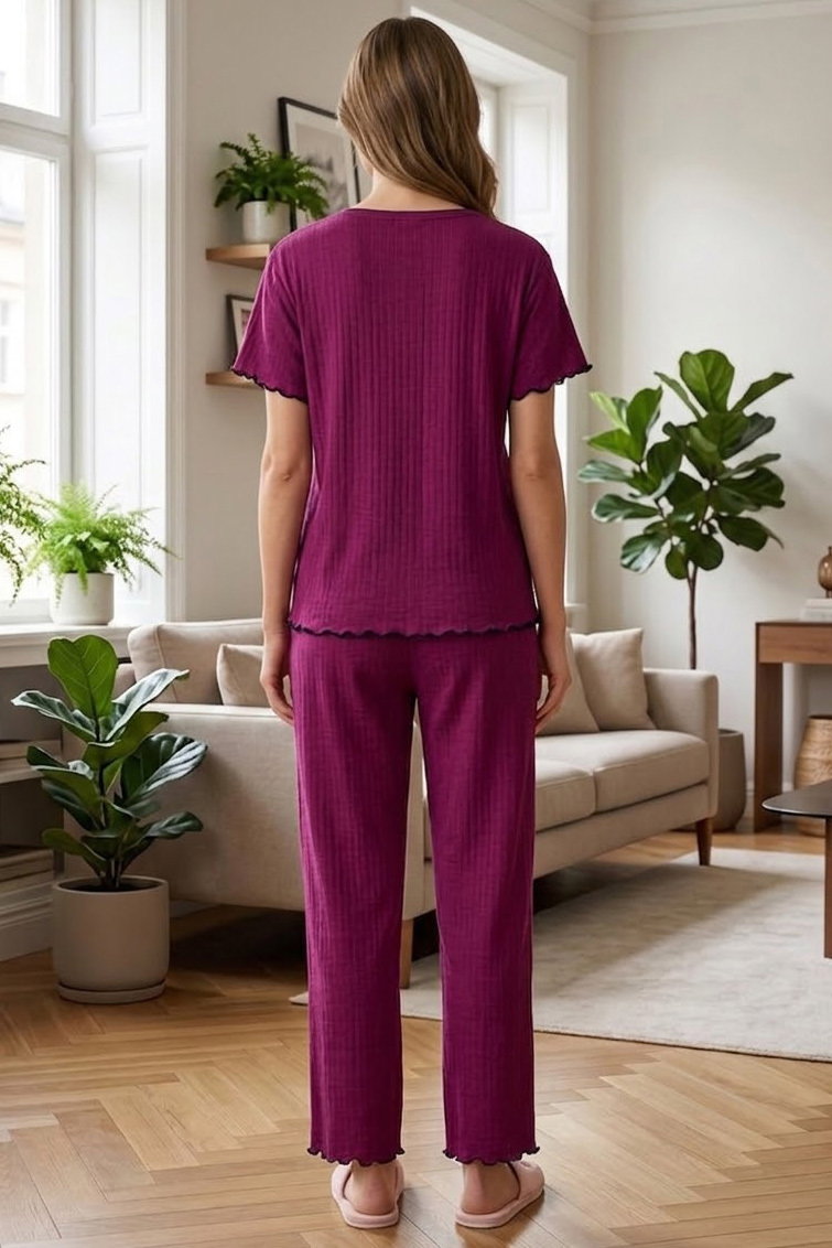 Kısa Kollu Düğmeli Pijama Takımı Bordo - 28593-BORDO - 2