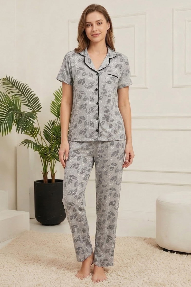 Kısa Kollu Düğmeli Pijama Takımı Gri - 28600-GRI - 1