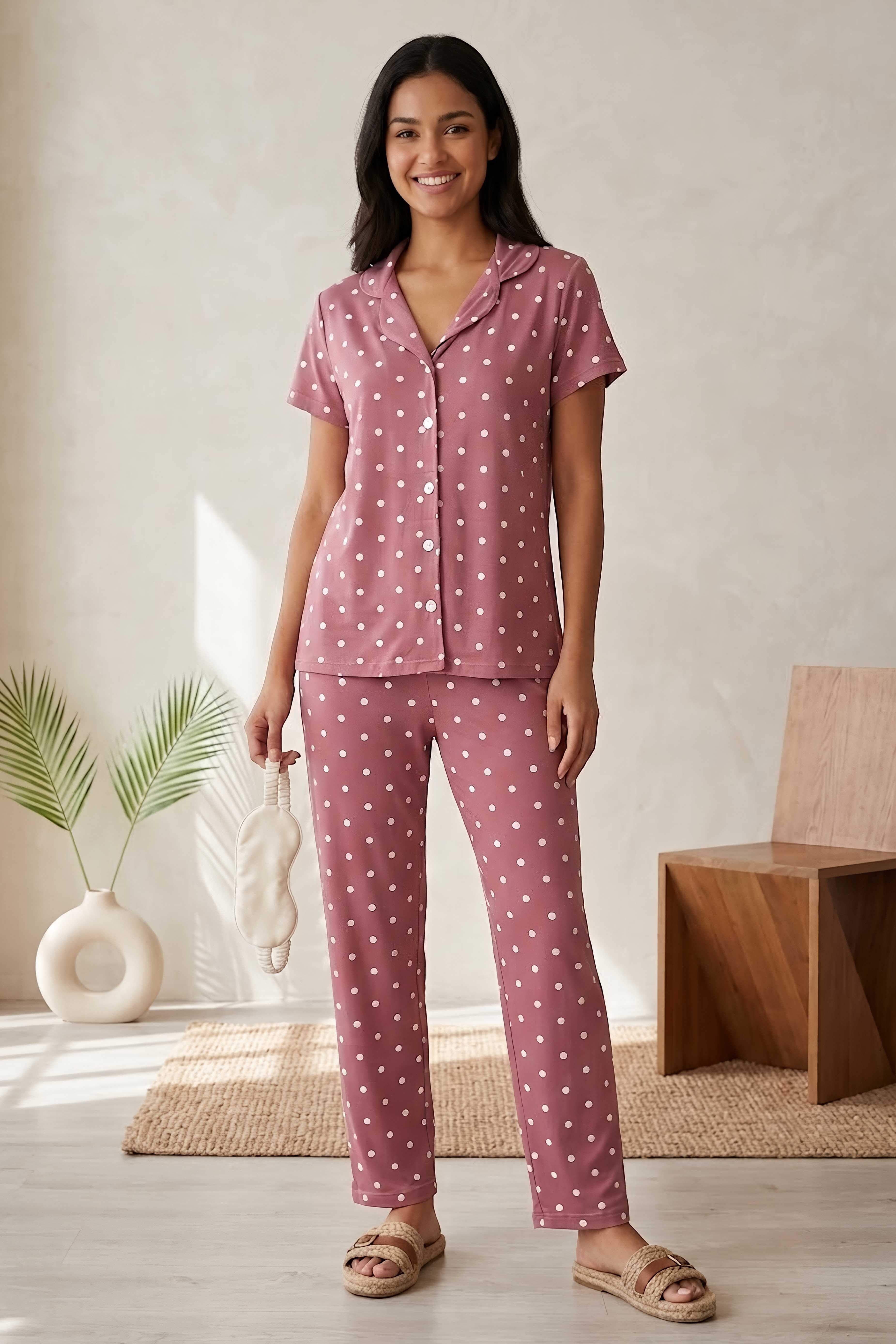 Kısa Kollu Düğmeli Pijama Takımı Gul - 28596-GUL - 1