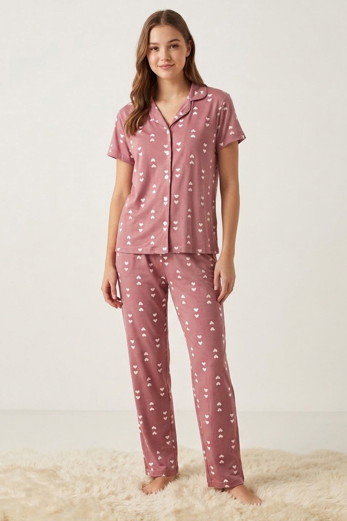 Kısa kollu düğmeli pijama takımı Gul - 28599-GUL - 1