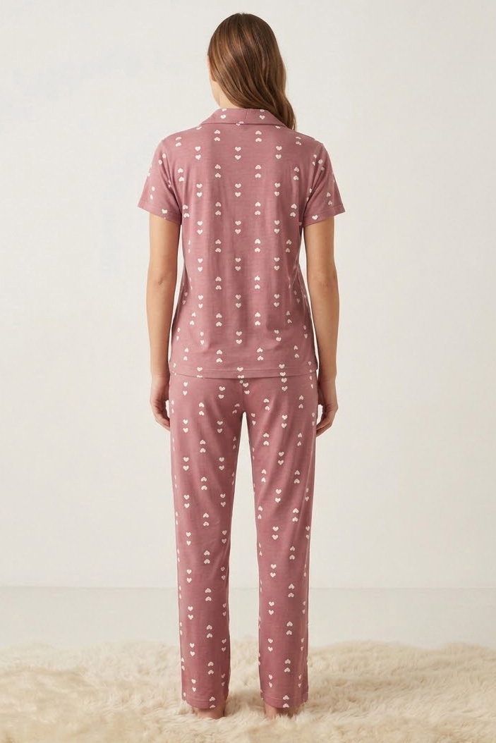 Kısa kollu düğmeli pijama takımı Gul - 28599-GUL - 2