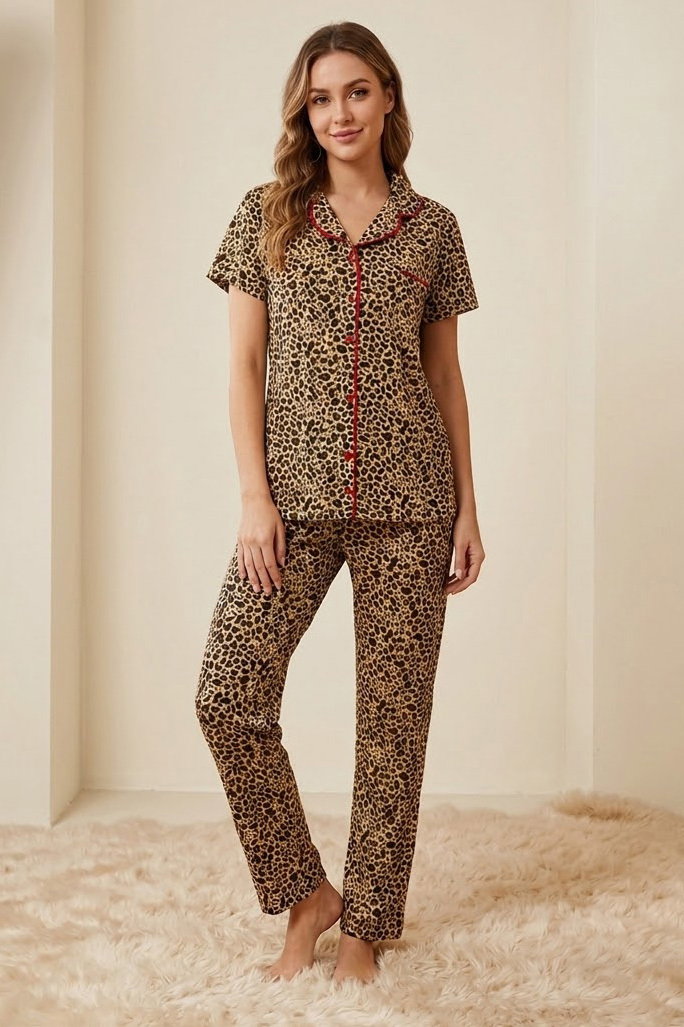 Kısa Kollu Düğmeli Pijama Takımı Kahve - 28600-KAHVE - 1